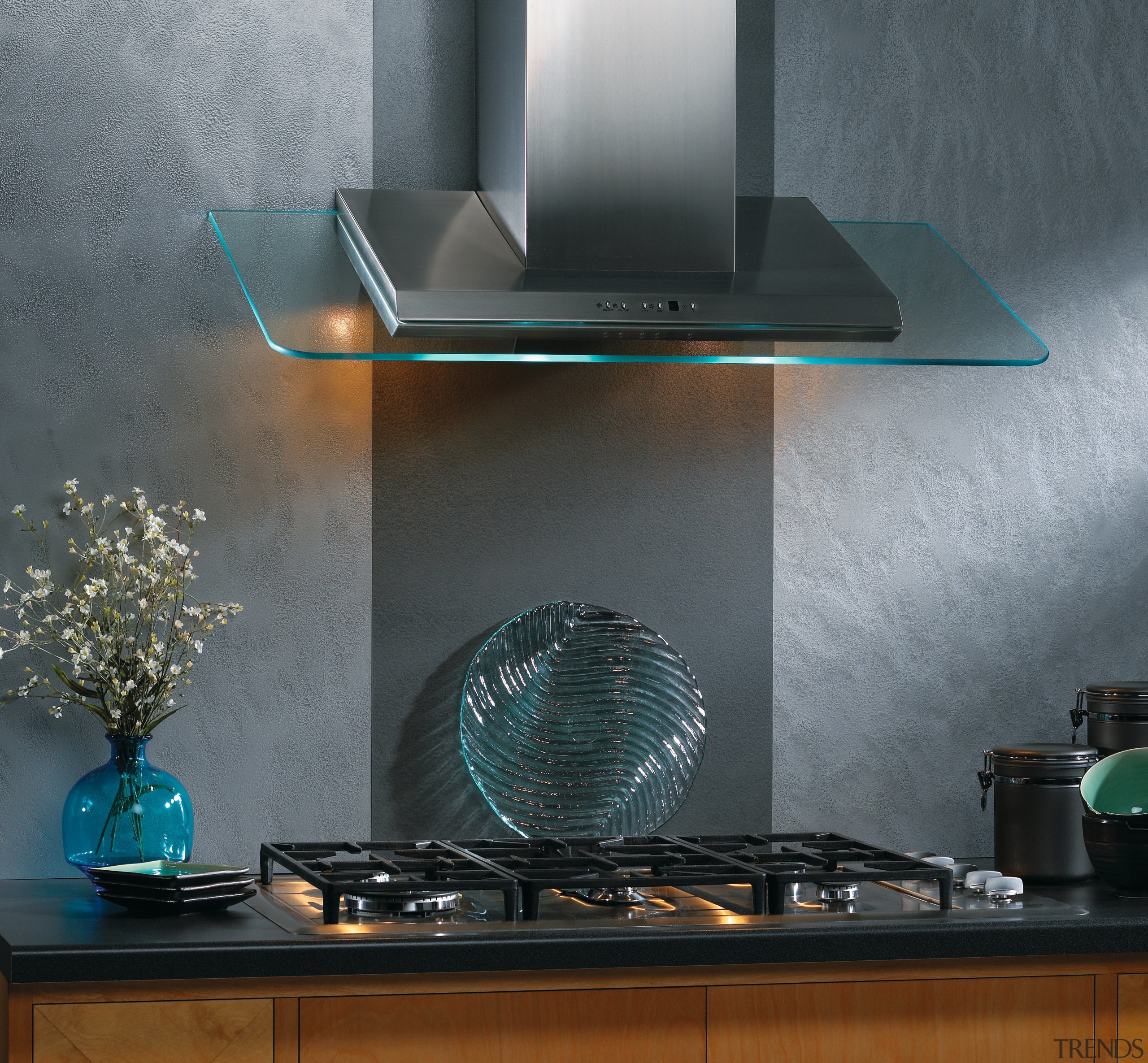 View of angled glass  kitchen hood with glass, interior design, light fixture, lighting, product design, gray, black