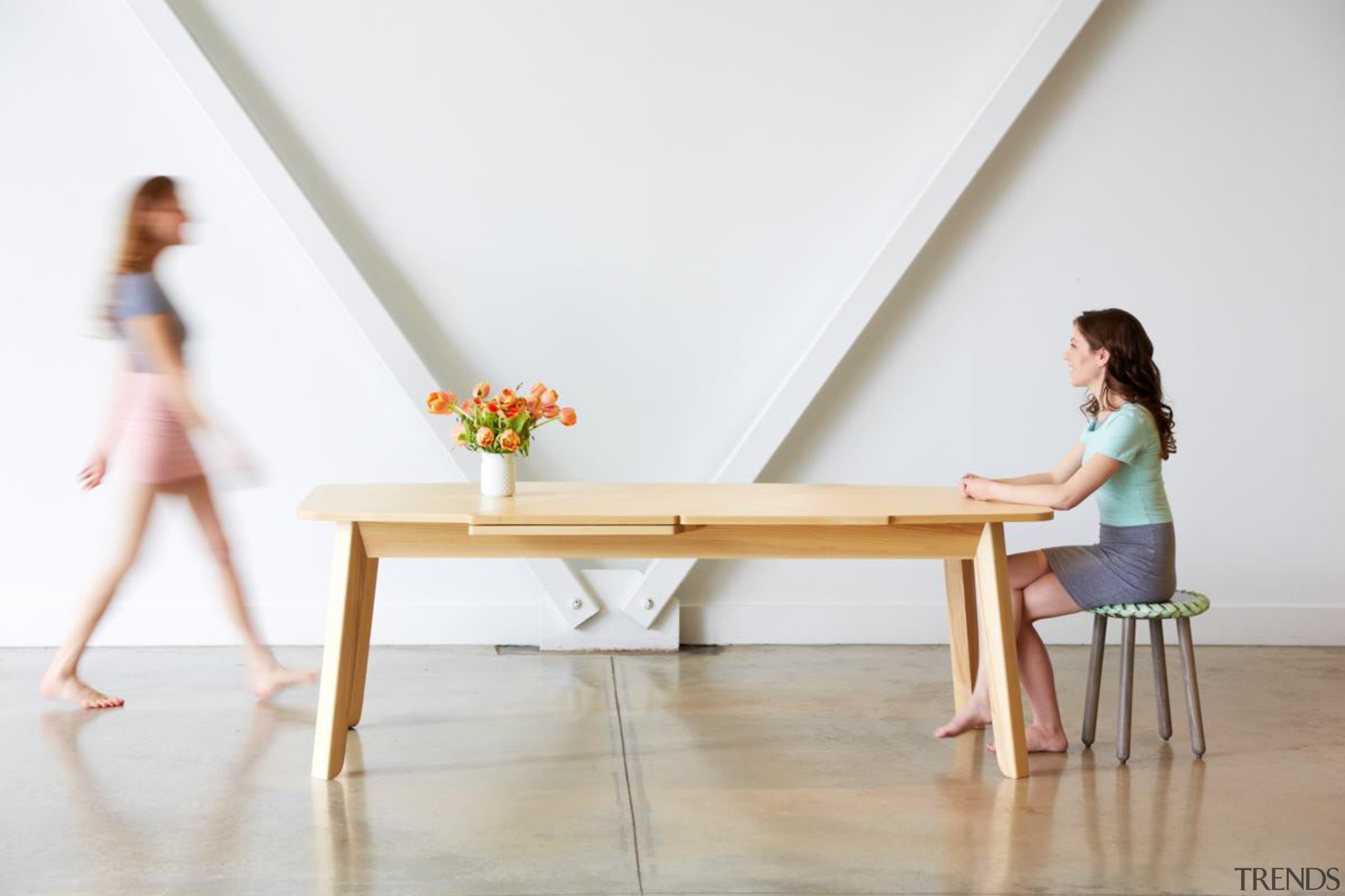 It’s a wrap! Or rather, it’s a Wrap furniture, girl, leg, sitting, table, wood, white, gray