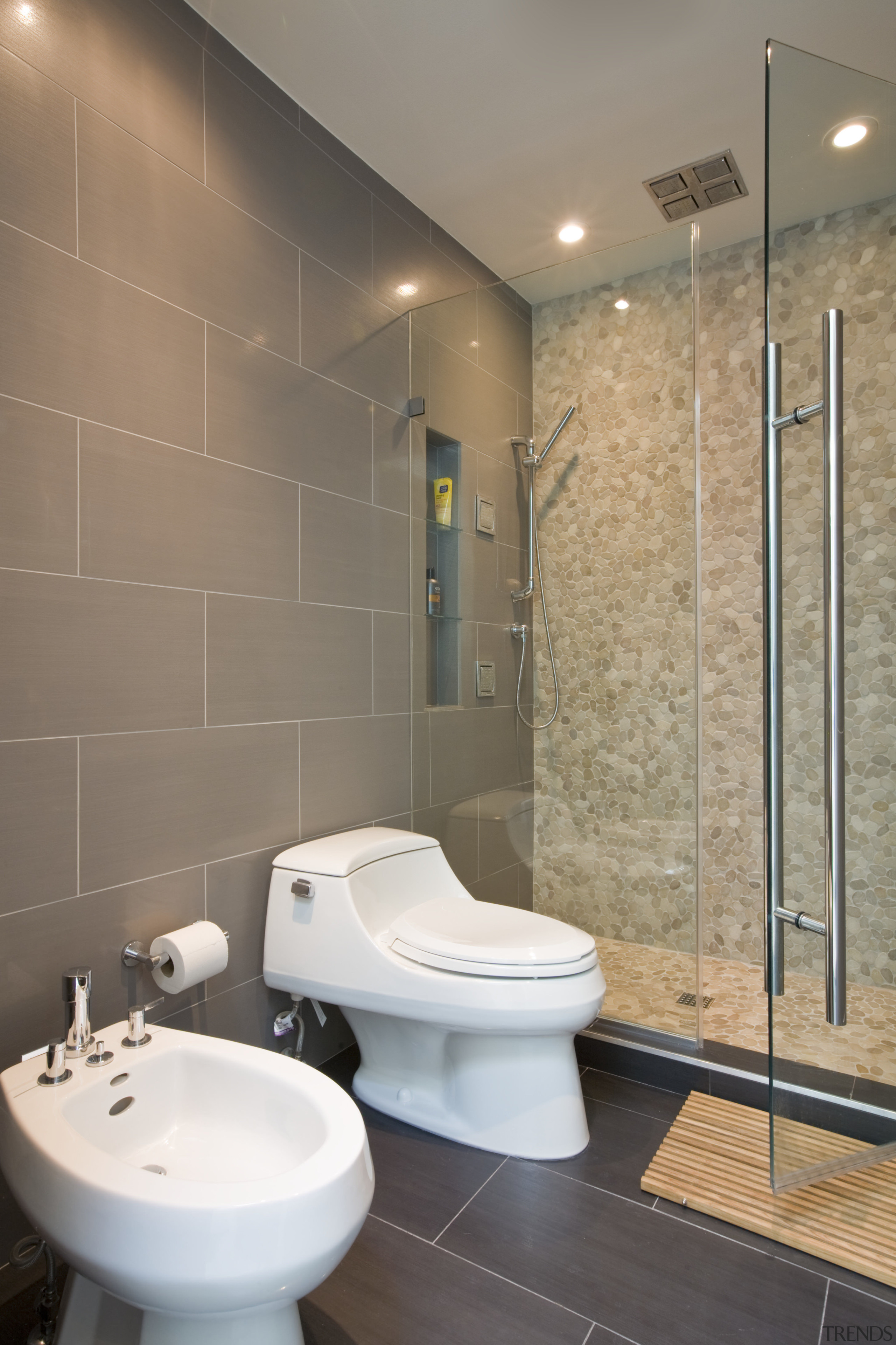 Master bathroom in contemporary townhouse renovation bathroom, floor, interior design, plumbing fixture, room, tile, toilet, toilet seat, wall, gray, brown