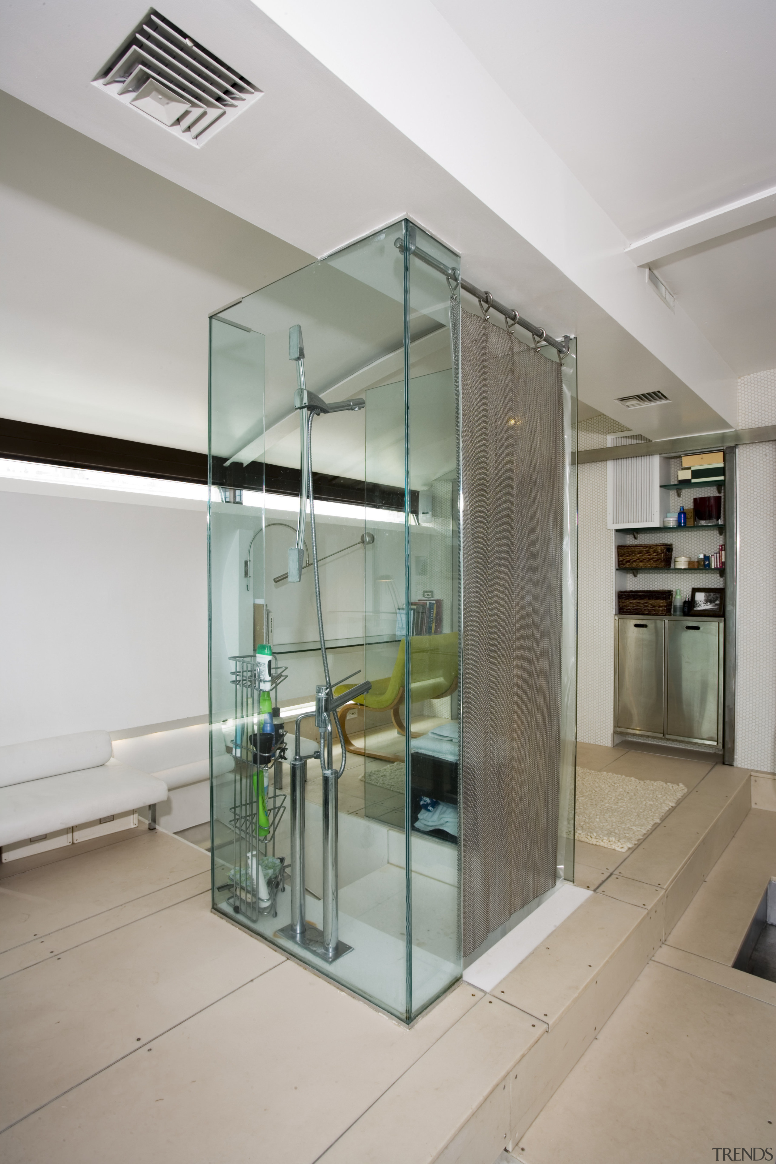 A view of the master bedroom and Bathroom, architecture, display case, glass, interior design, gray