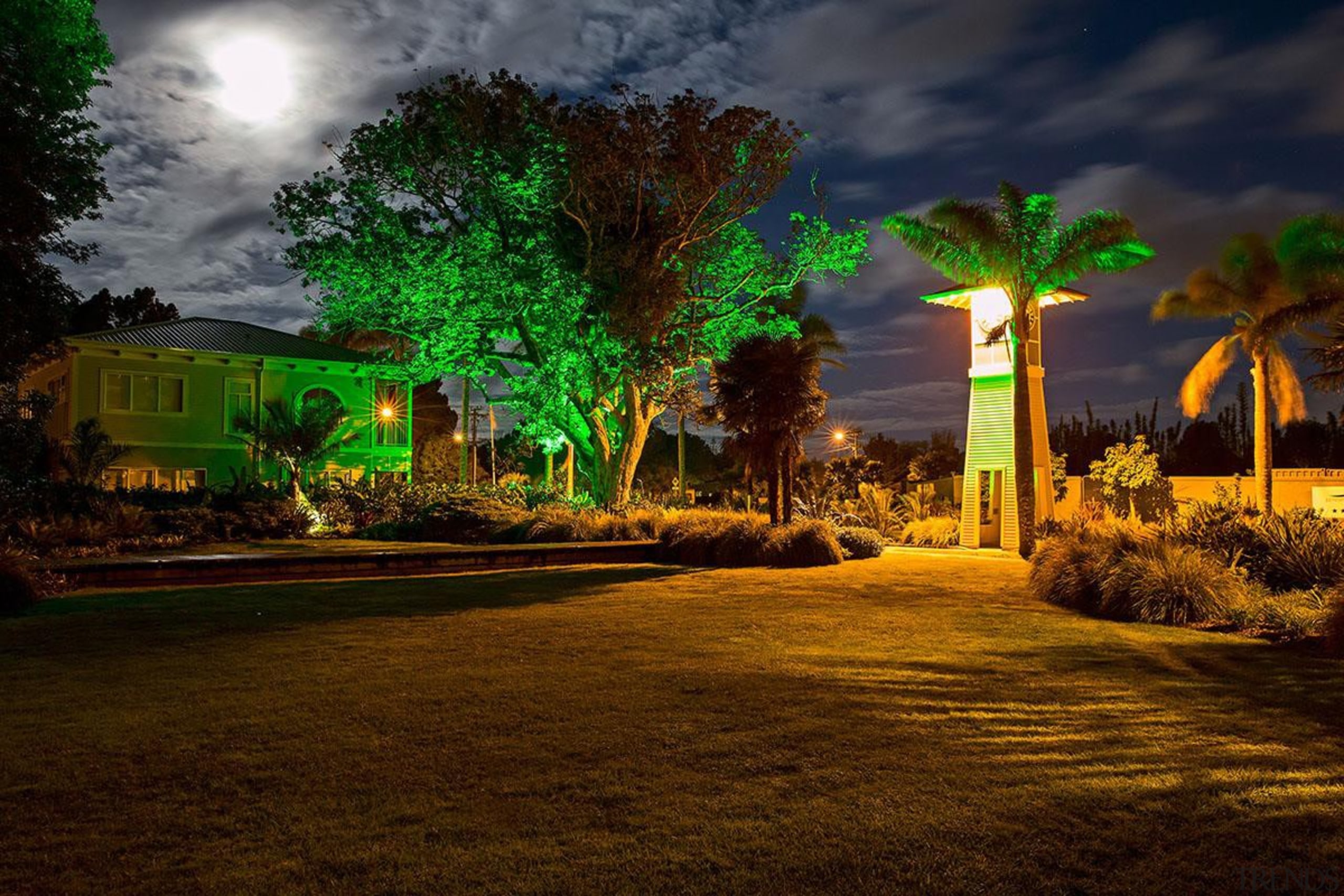 NOMINEEKensington Park (3 of 4) - Arrow International architecture, arecales, estate, evening, grass, landscape, landscape lighting, lighting, nature, night, palm tree, plant, sky, tree, brown