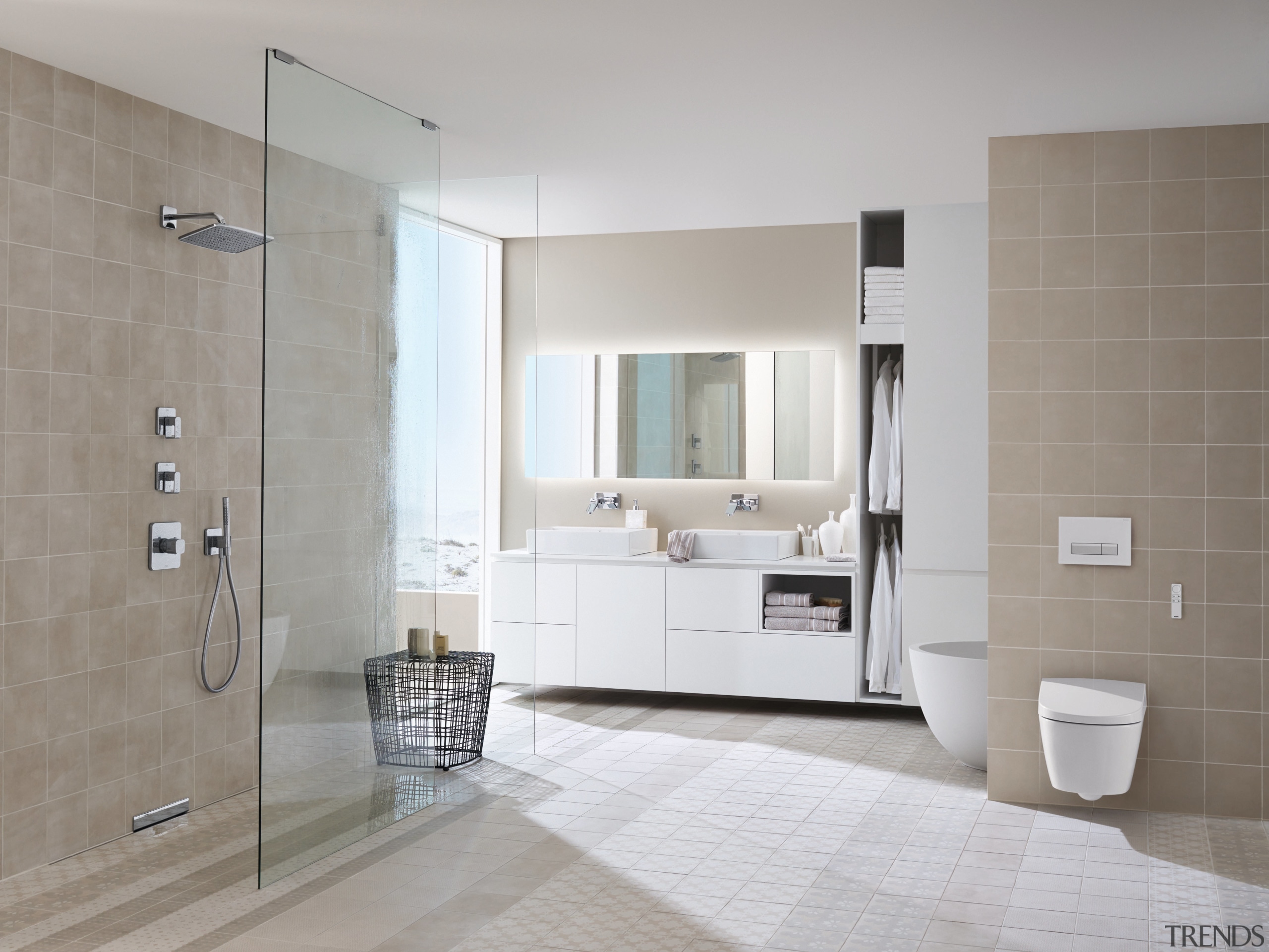 Wall-hung vanities and toilets, we rooms and Geberit bathroom, bathroom accessory, bathroom cabinet, floor, flooring, interior design, plumbing fixture, room, sink, tile, wall, wood flooring, gray