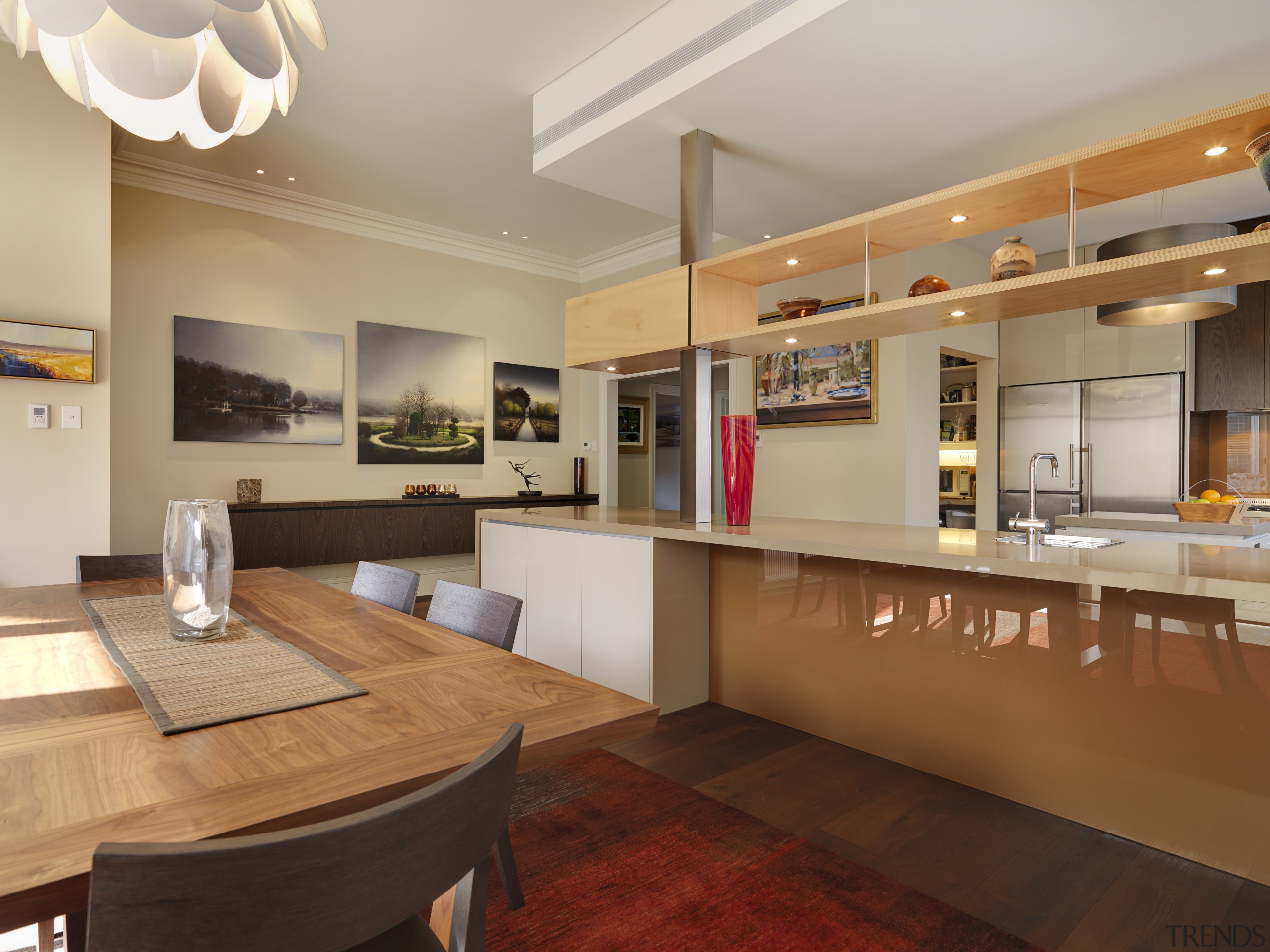 View of kitchen designed bt Nicholas Murray Architects apartment, countertop, interior design, kitchen, living room, real estate, brown, gray, orange