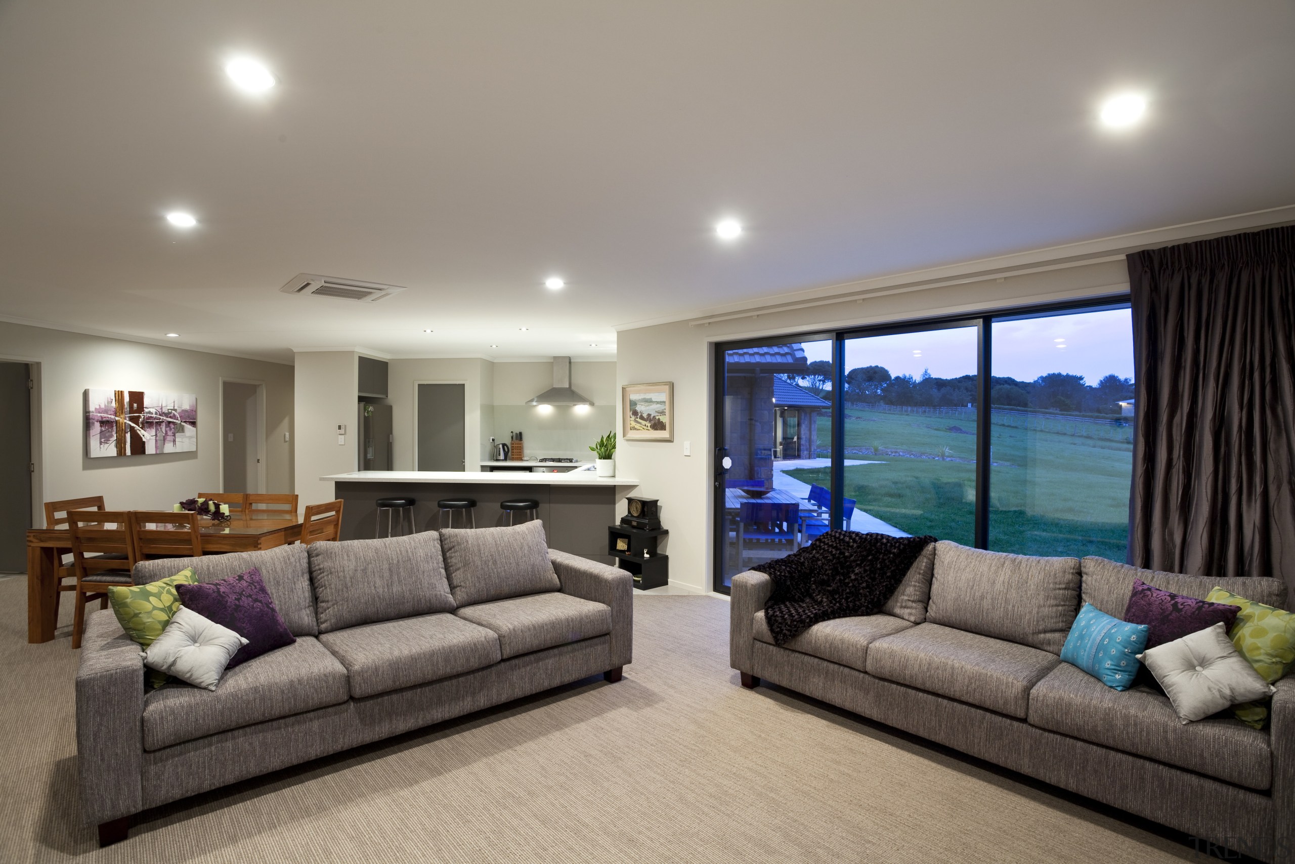 View of lounge with grey couches. - View home, interior design, living room, property, real estate, room, gray