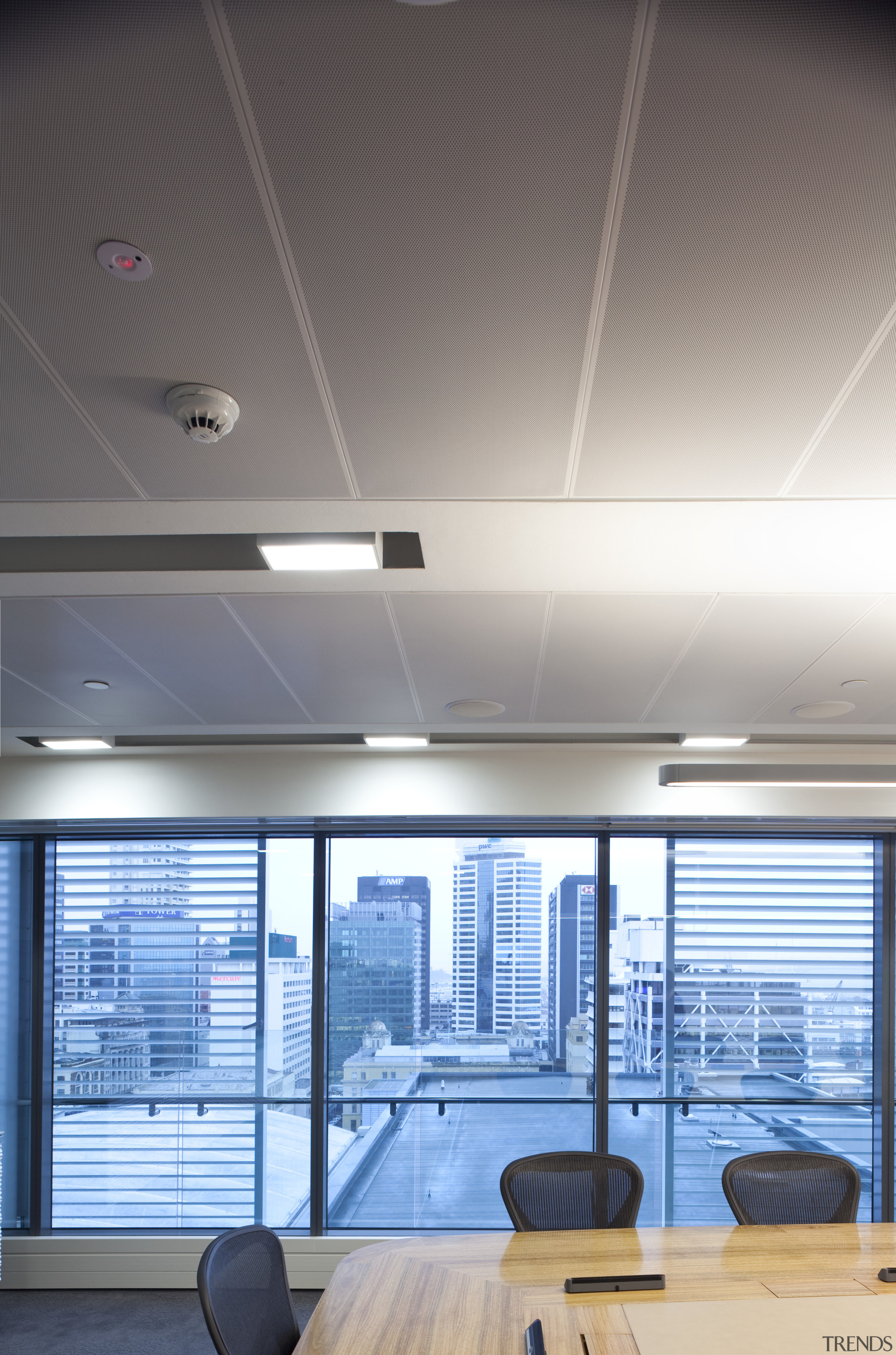 View of boardroom with dark carpet. - View architecture, ceiling, daylighting, glass, interior design, lighting, gray, white