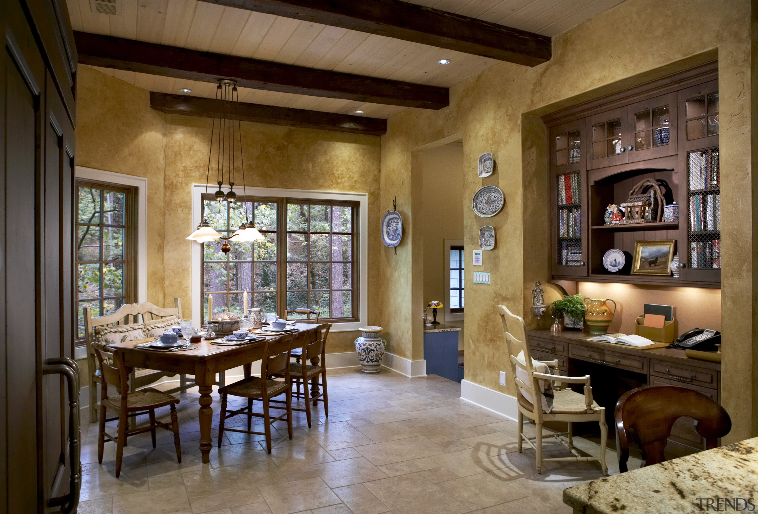 view of brekfast room from kitchen including furniture, dining room, interior design, restaurant, table, brown