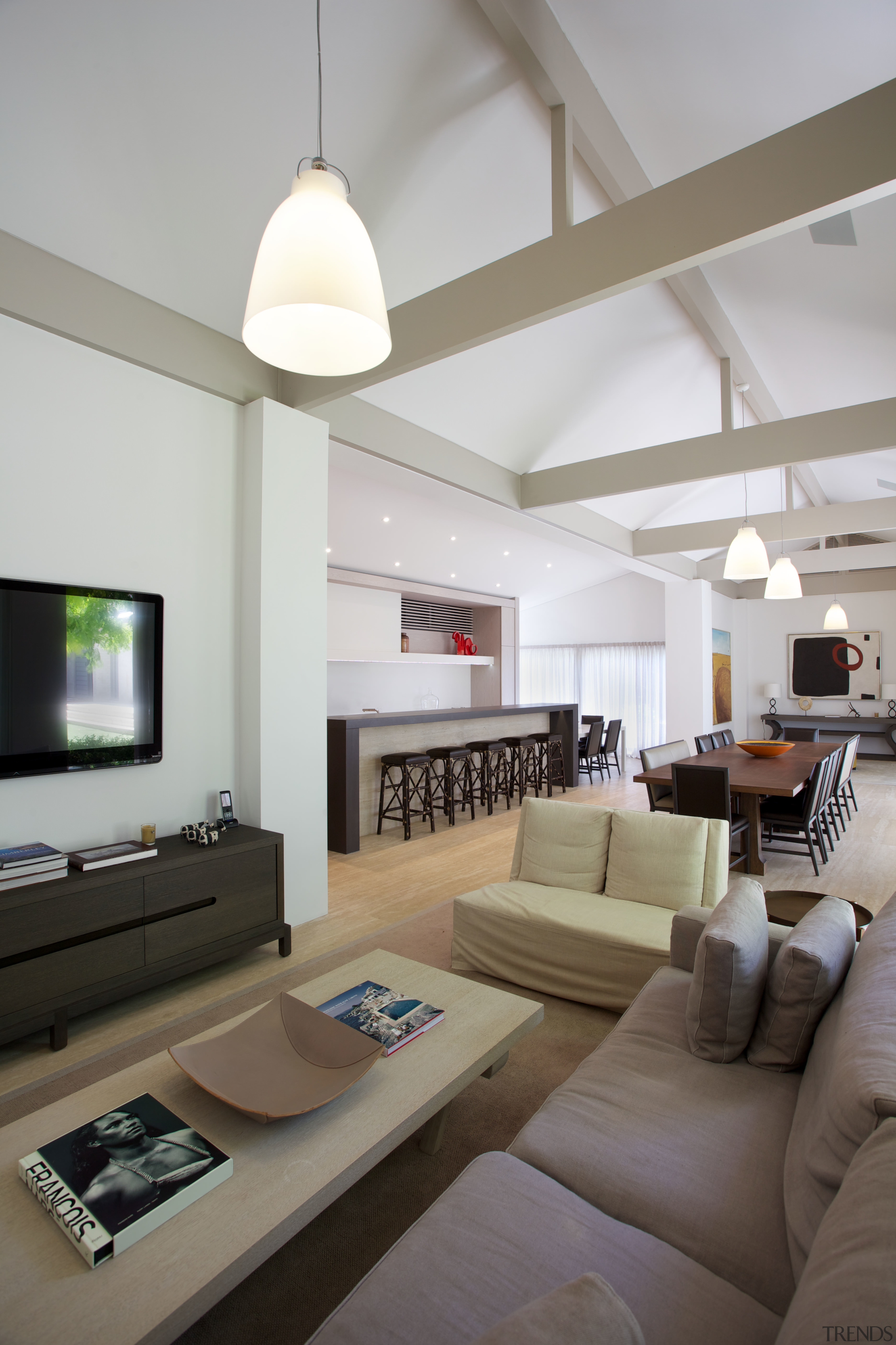 Warm neutral furnishings in this remodelled living area architecture, ceiling, home, interior design, interior designer, living room, real estate, room, table, gray