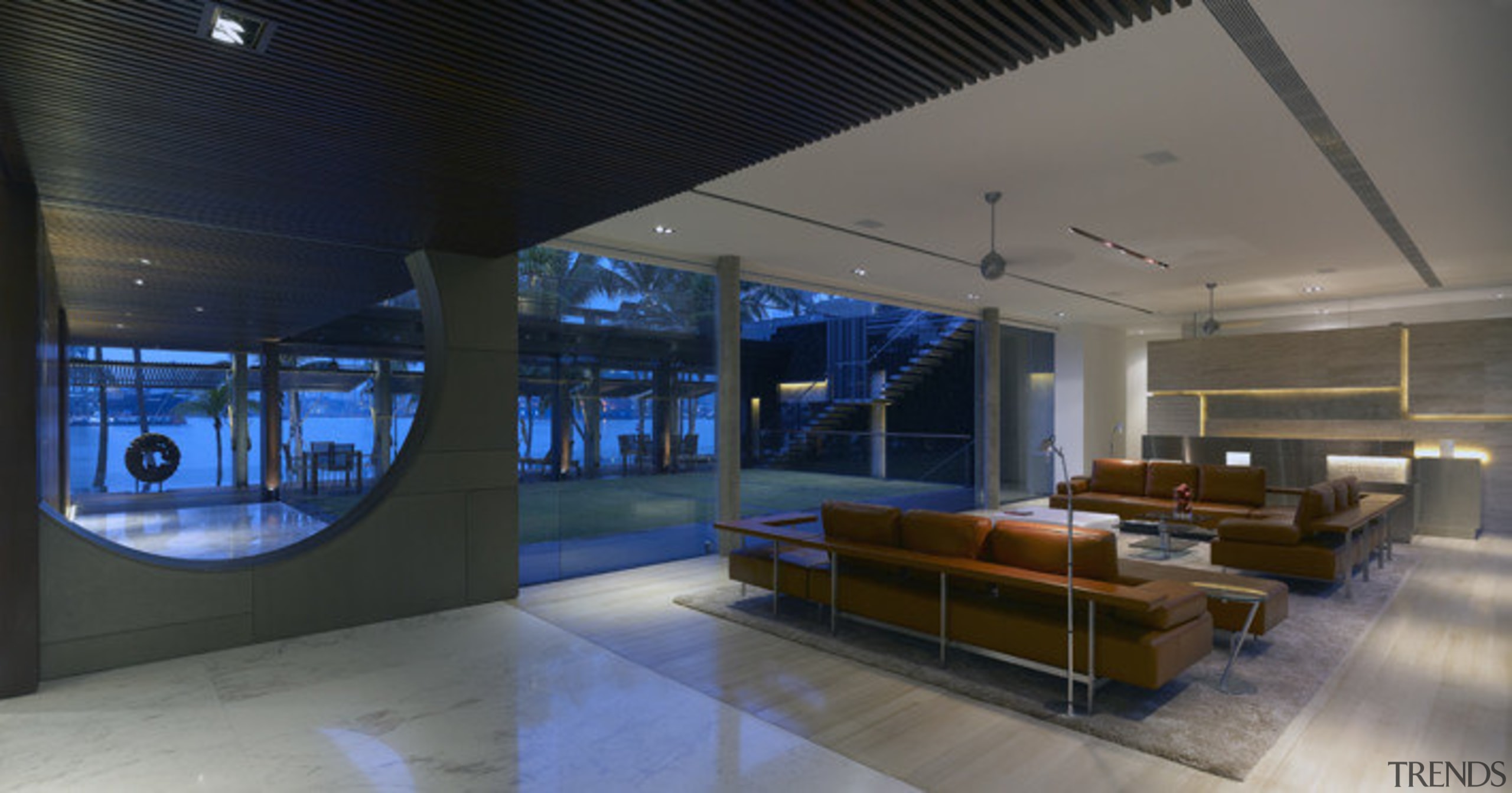 View of main living room which has modern architecture, ceiling, house, interior design, lobby, black, gray