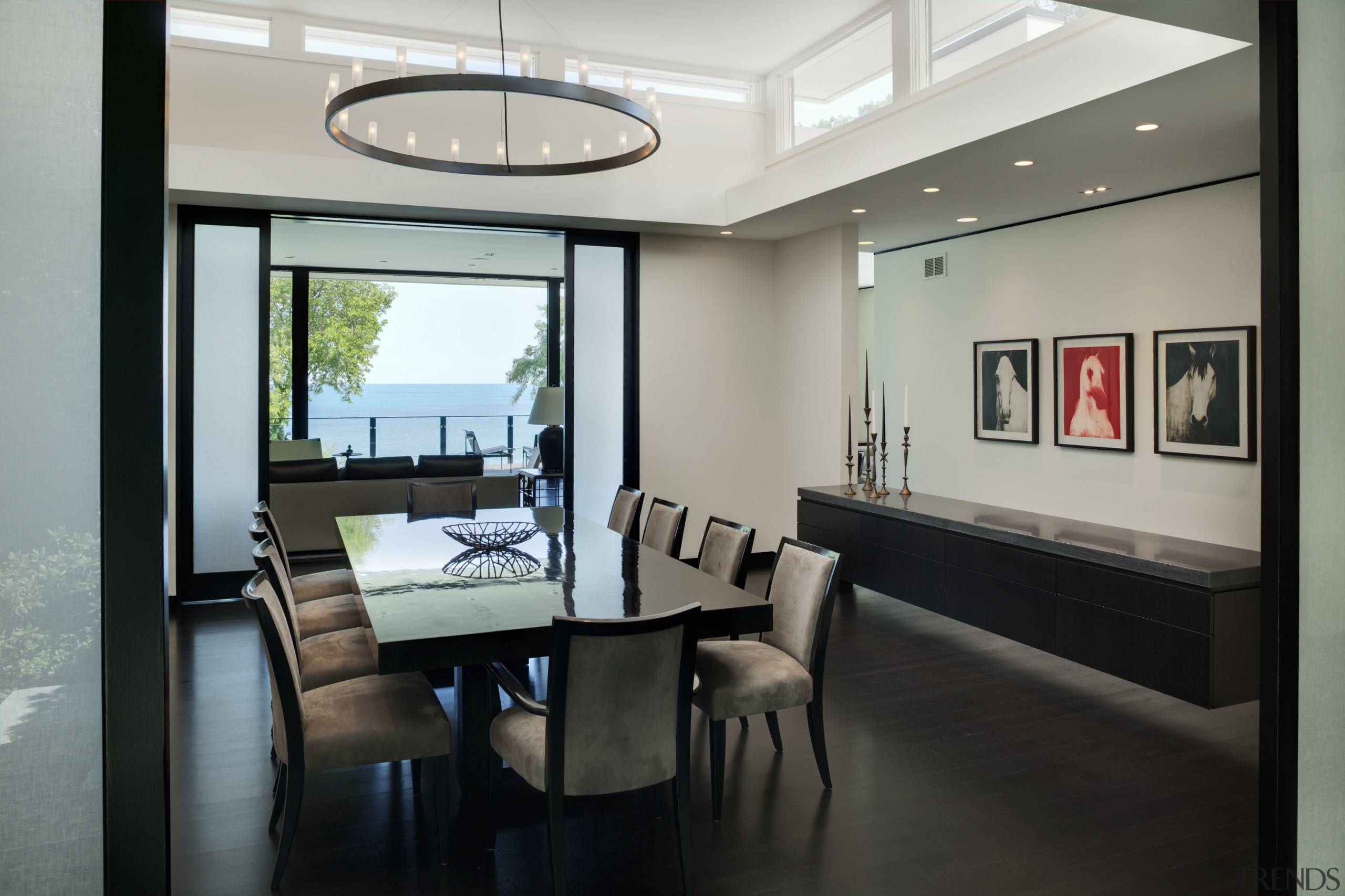 View of dining area in a 1970's house ceiling, dining room, interior design, real estate, room, window, gray, black