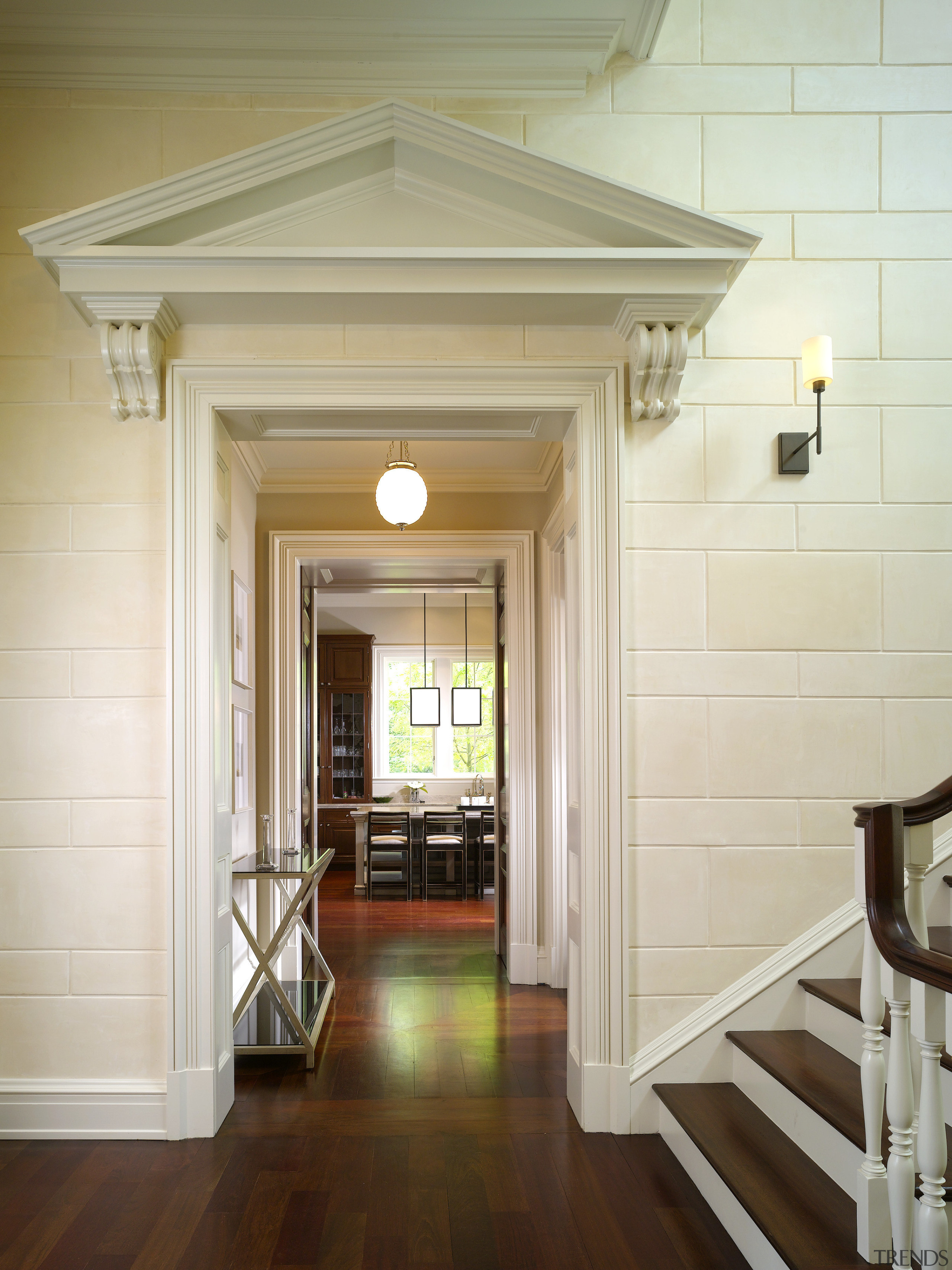 View of a hallway in this Regency-styled home ceiling, door, estate, floor, flooring, hardwood, home, house, interior design, lighting, molding, property, real estate, structure, wall, window, wood, wood flooring, gray, brown