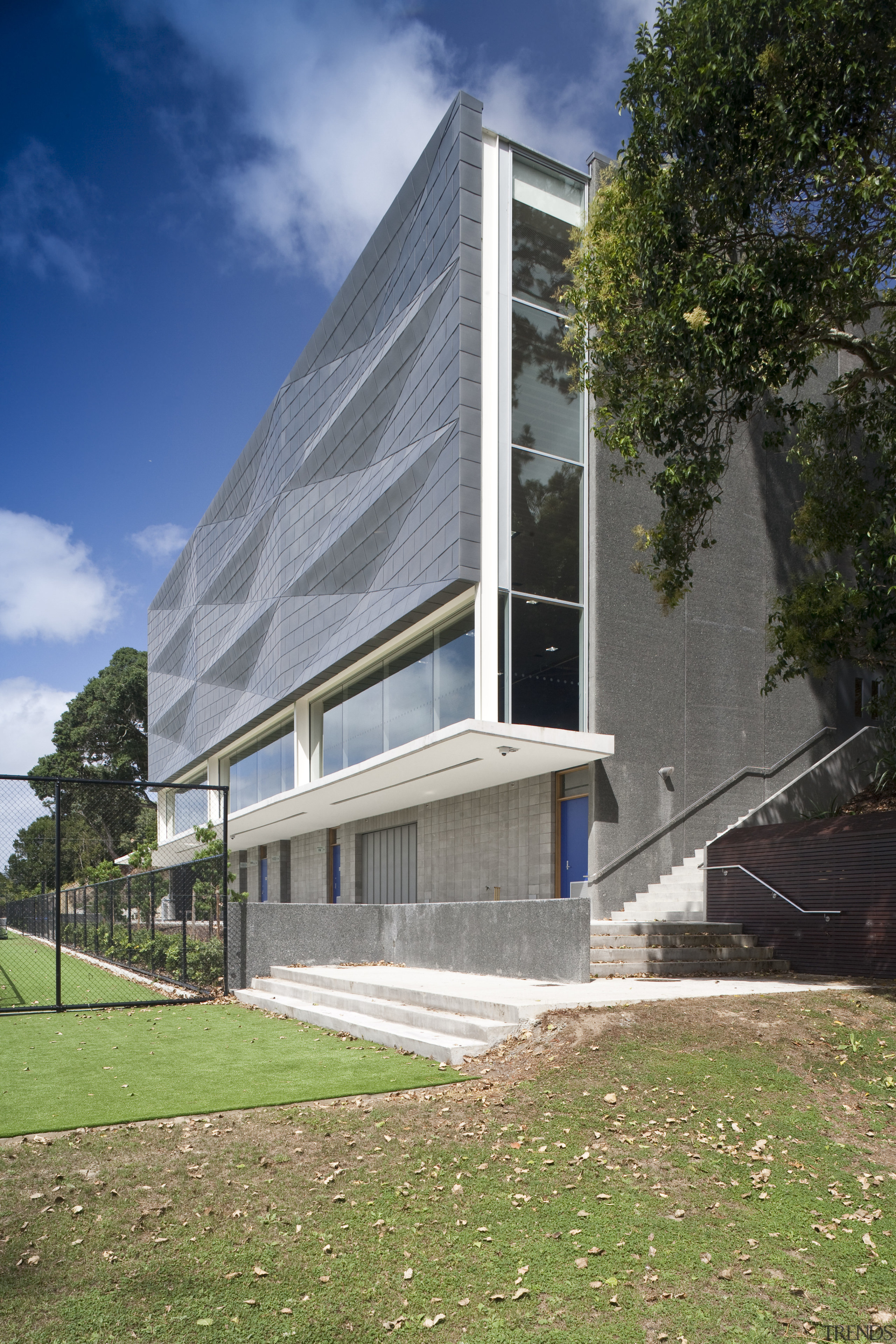 Exterior view of the St Kents' Jubliee Sports architecture, building, commercial building, corporate headquarters, daytime, facade, grass, home, house, real estate, residential area, sky, gray