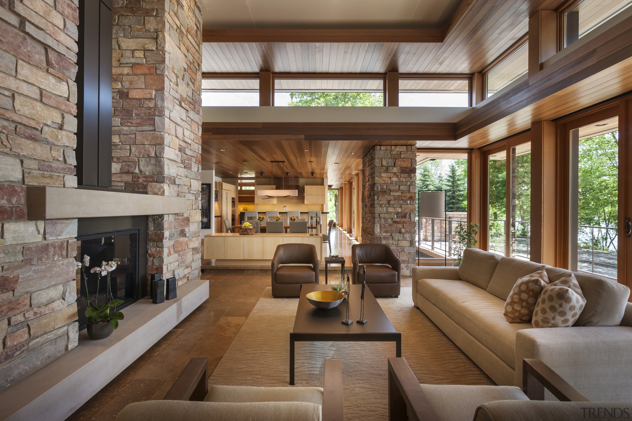 Clerestory windows allow plenty of natural light to interior design, living room, lobby, real estate, brown, gray