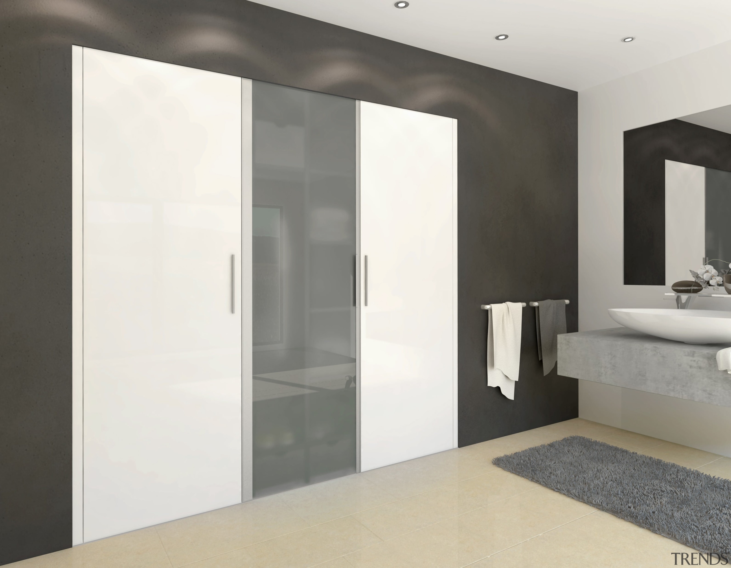 Both Häfele doors closed hiding laundry and shelving door, interior design, wardrobe, white