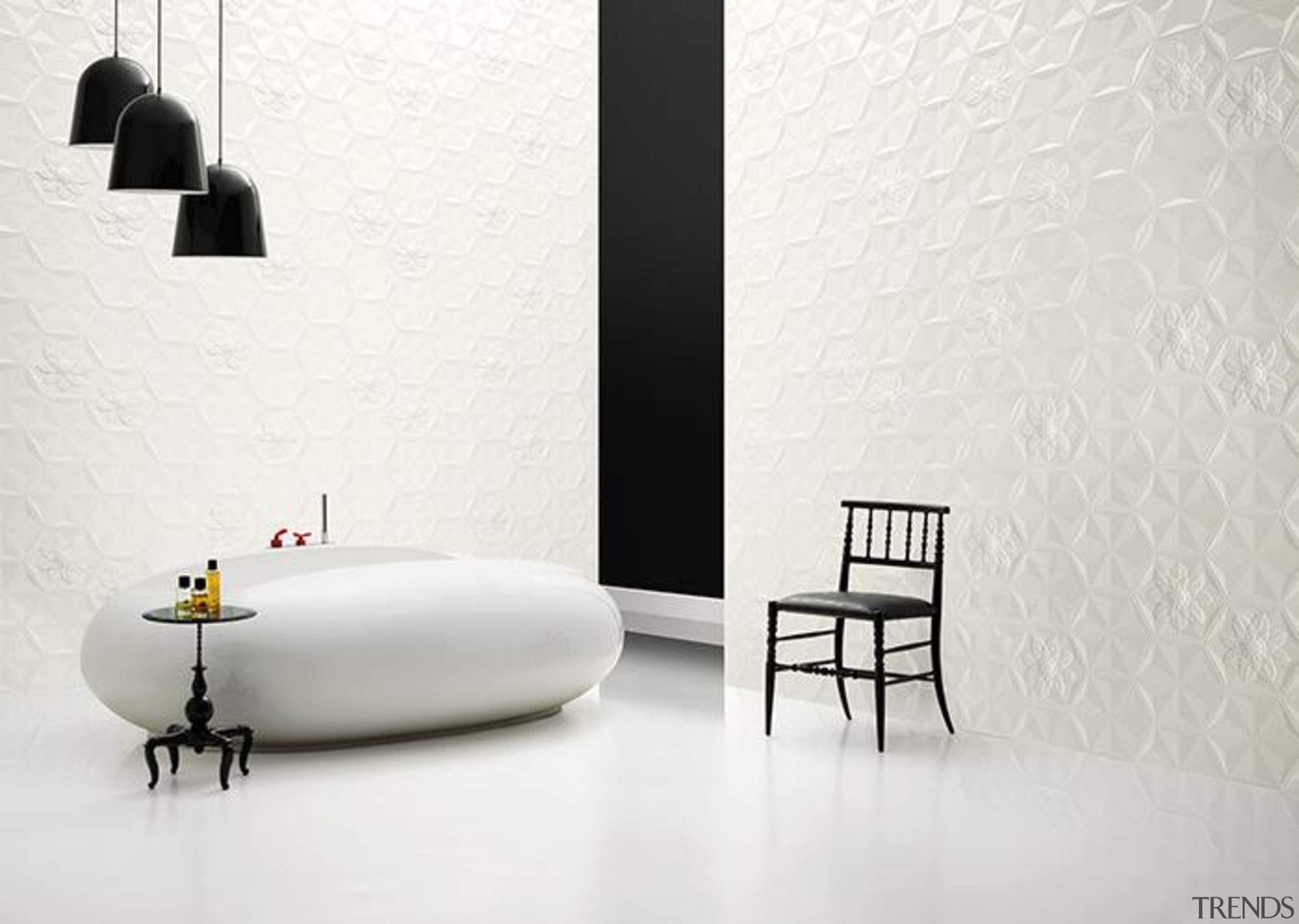 Different designs can be achieved by mixing and black and white, floor, flooring, furniture, interior design, table, tap, wall, wallpaper, white