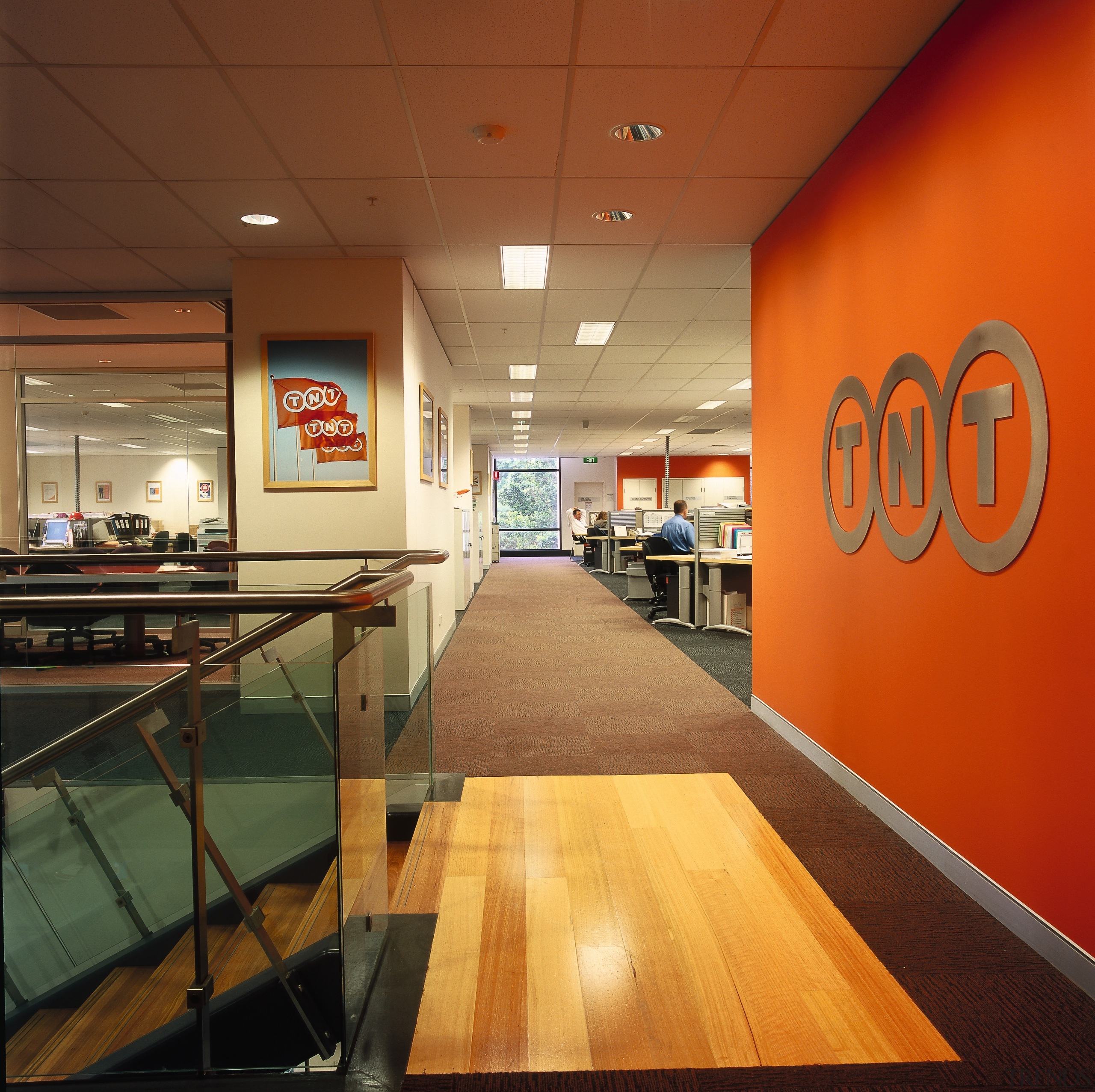 View of a hallway in the office, a ceiling, fast food restaurant, interior design, brown