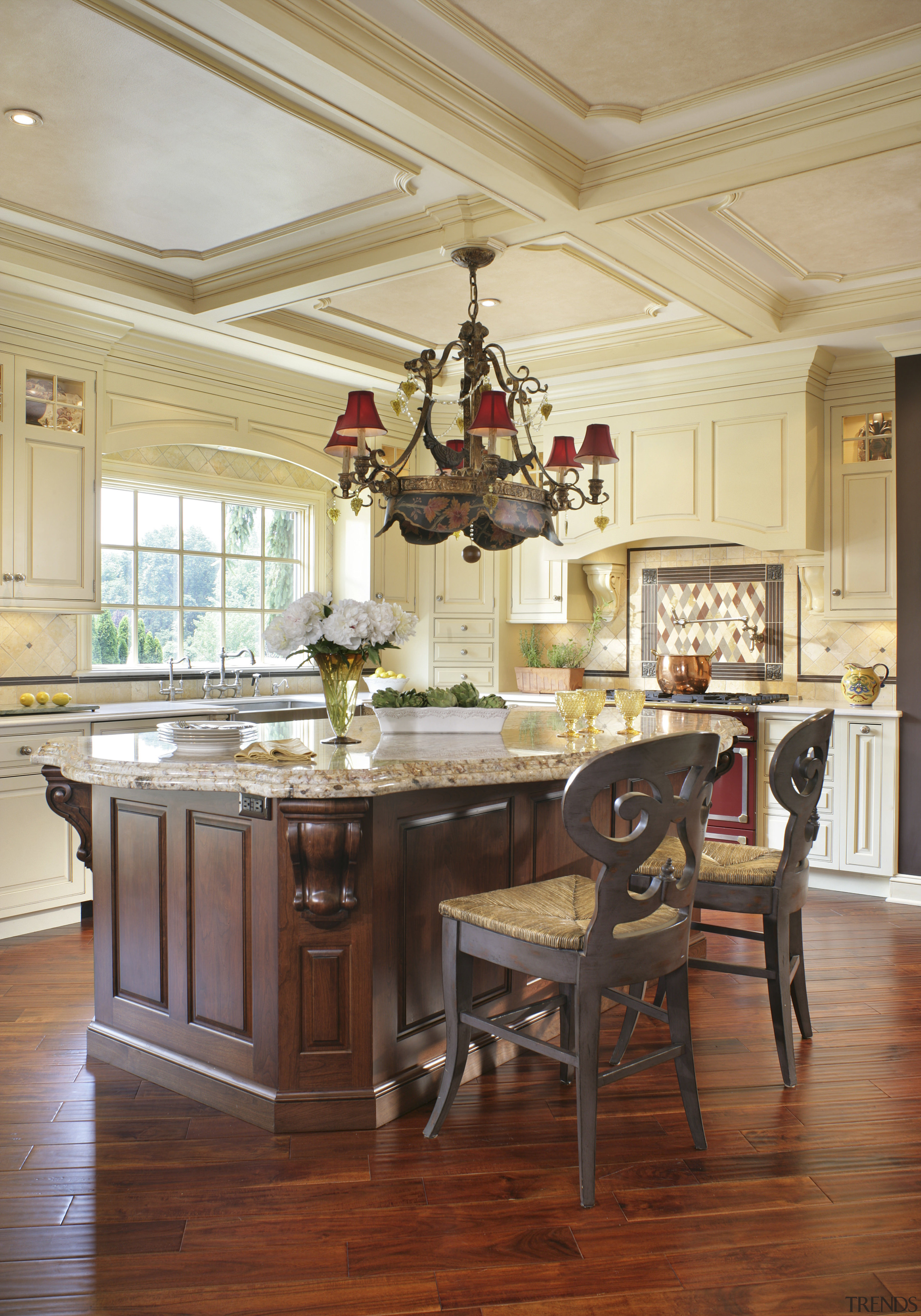 View of kitchen designed by Antoinette Fraser of cabinetry, ceiling, countertop, cuisine classique, dining room, floor, flooring, furniture, hardwood, home, interior design, kitchen, room, table, wood, wood flooring, brown, orange