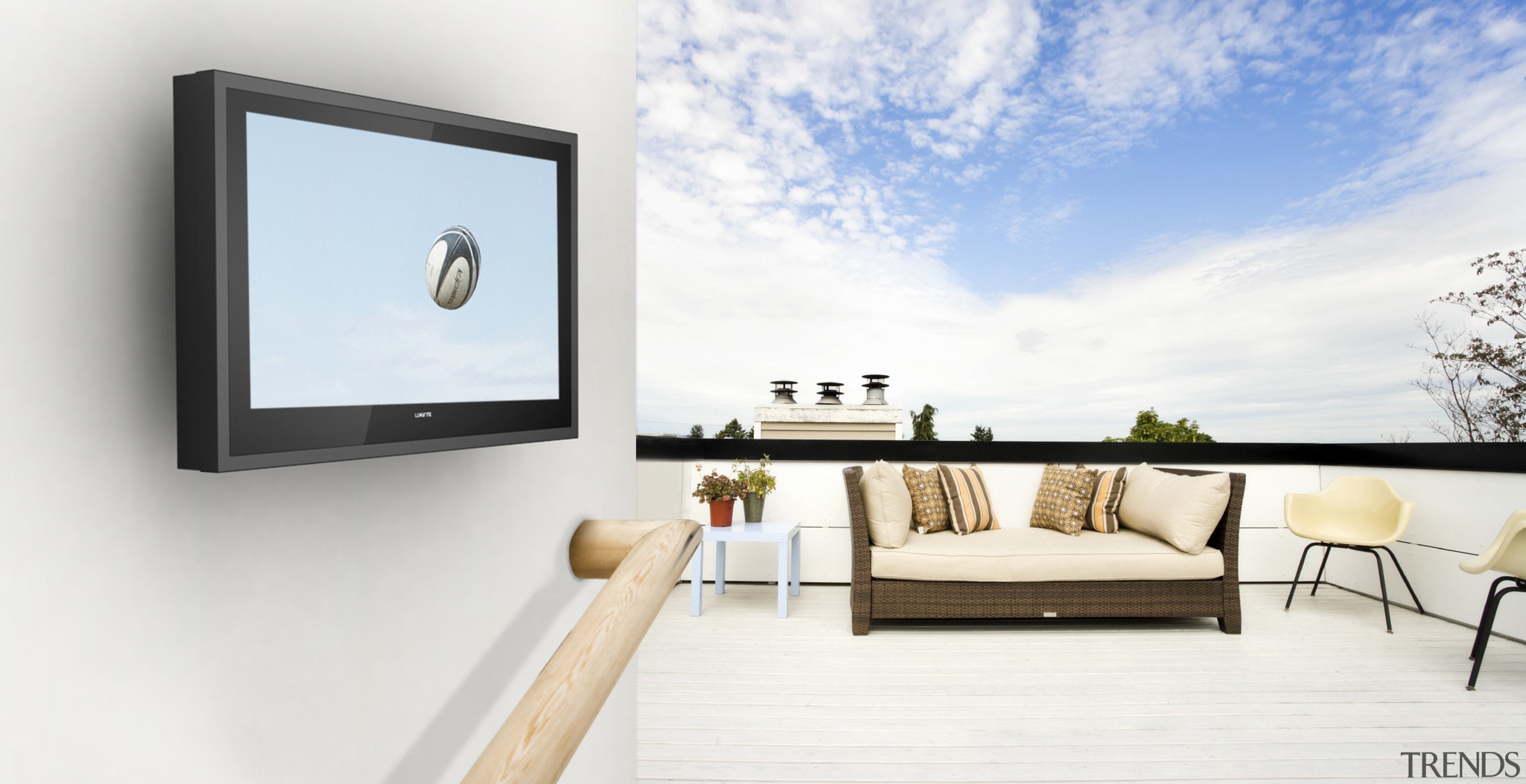 View of outdoor flat screen TV from H2OTV. furniture, interior design, product design, table, white