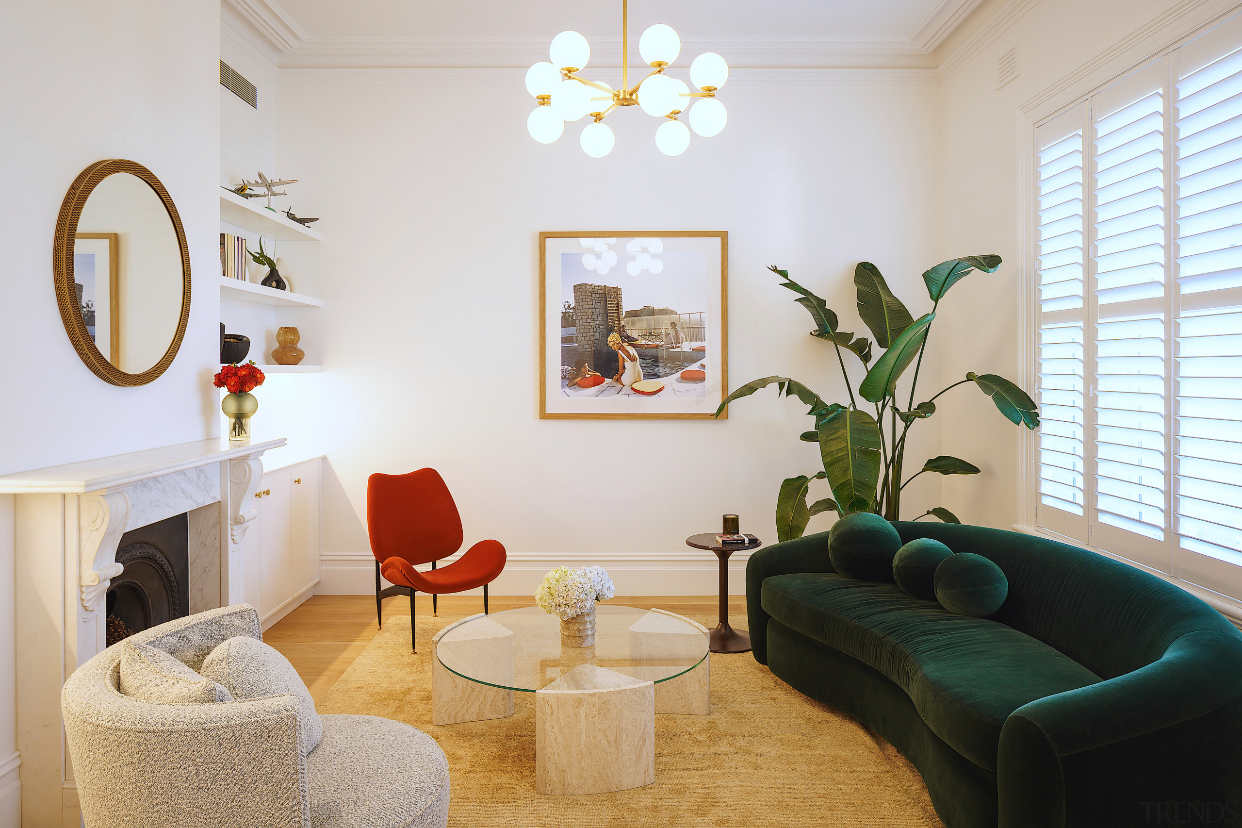 Two (non-functioning) vintage fireplaces were reinstated – for 