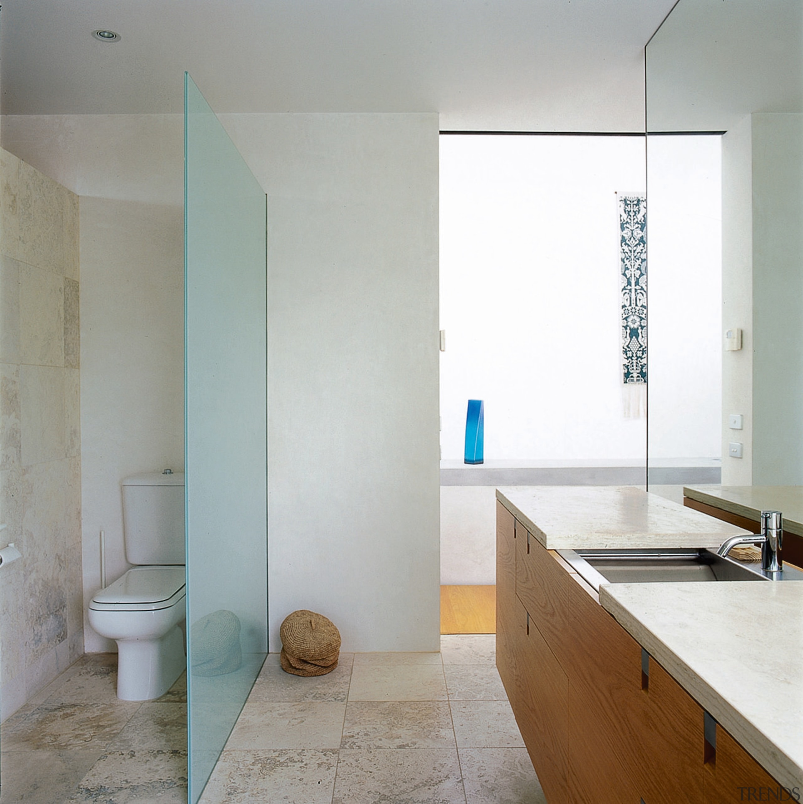 View of the bathroom - View of the architecture, bathroom, daylighting, floor, flooring, home, house, interior design, property, real estate, room, sink, tile, wall, wood flooring, gray