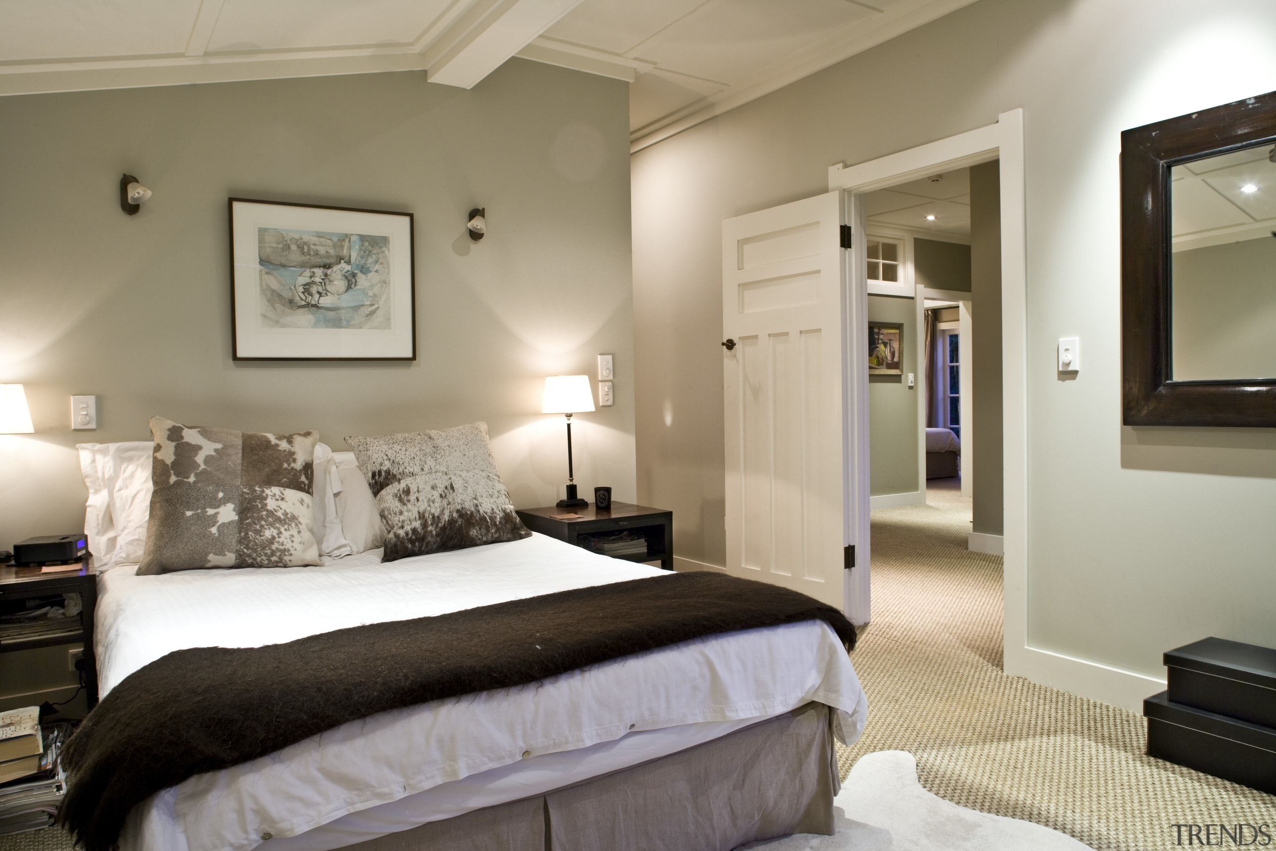 View of a bedroom, bed with white linen, bed frame, bedroom, ceiling, home, interior design, real estate, room, suite, gray