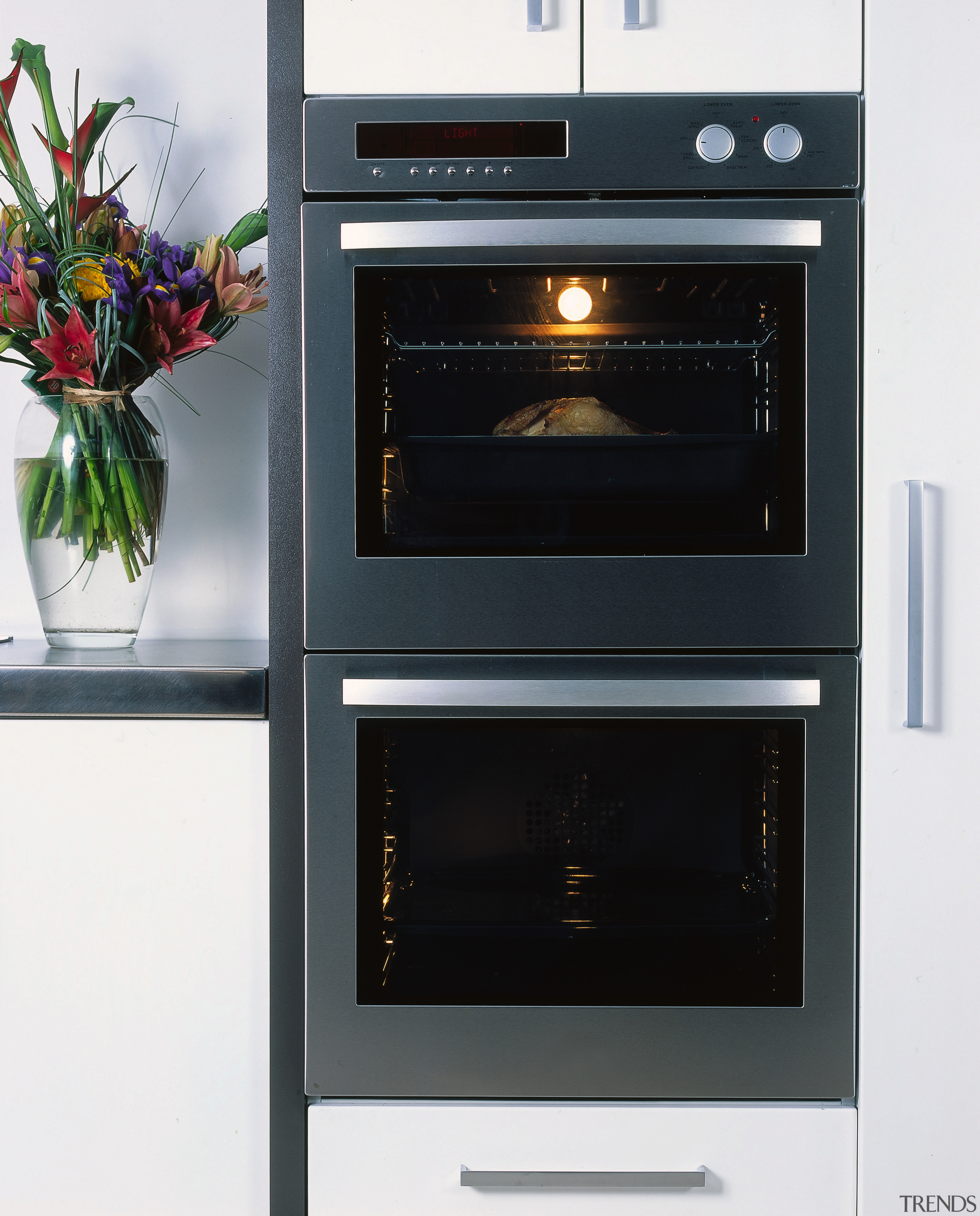 Double wall oven in dark grey finish, with home appliance, kitchen appliance, microwave oven, oven, black, white