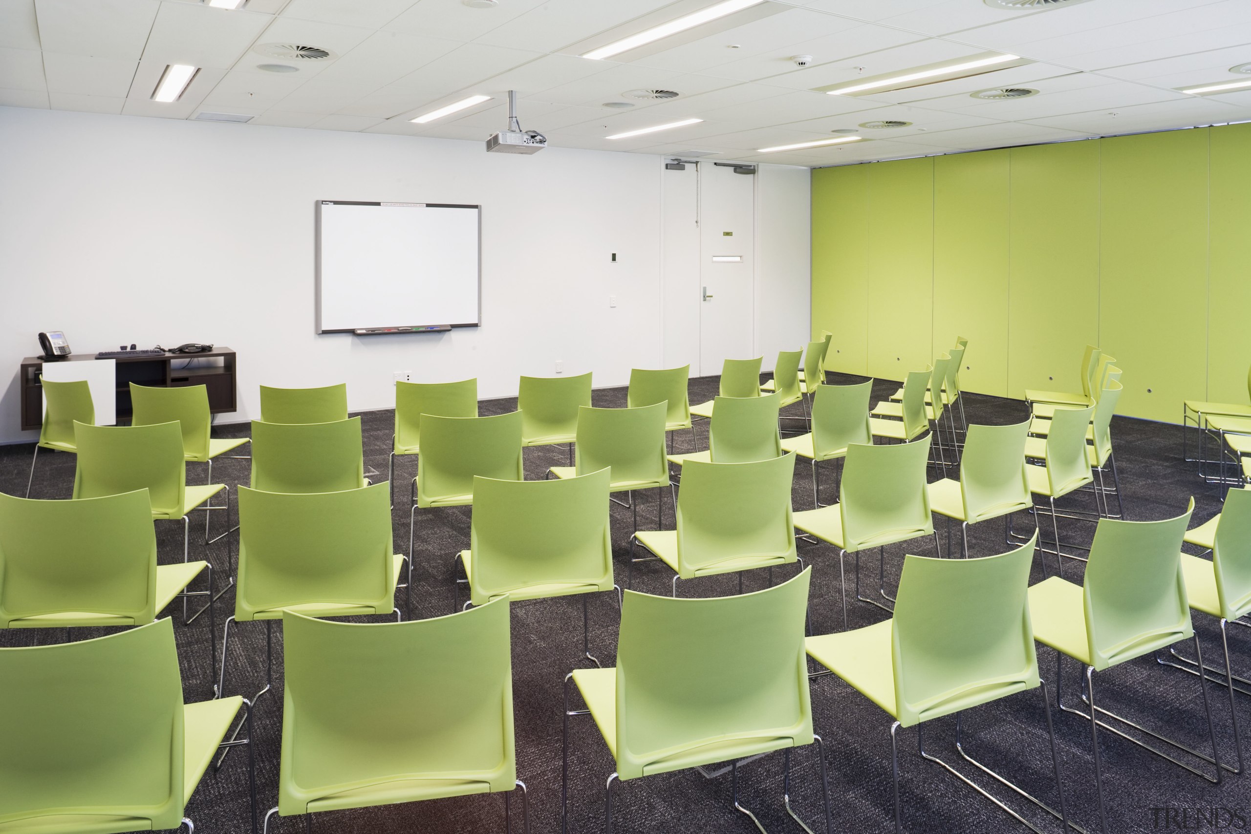Interior view of office space inside the Westpac classroom, conference hall, function hall, furniture, interior design, office, product design, table, white, green