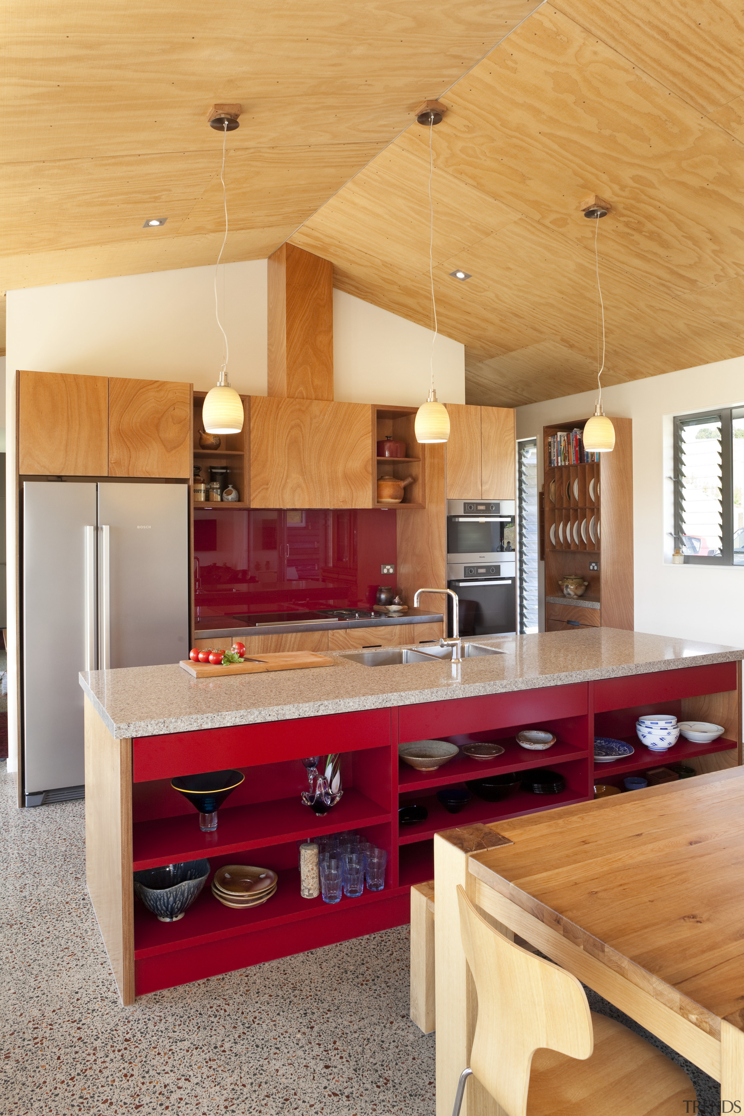 Kitchen with wooden ceiling and bench and red architecture, cabinetry, ceiling, countertop, floor, flooring, hardwood, interior design, kitchen, real estate, room, table, wall, wood, wood flooring, orange