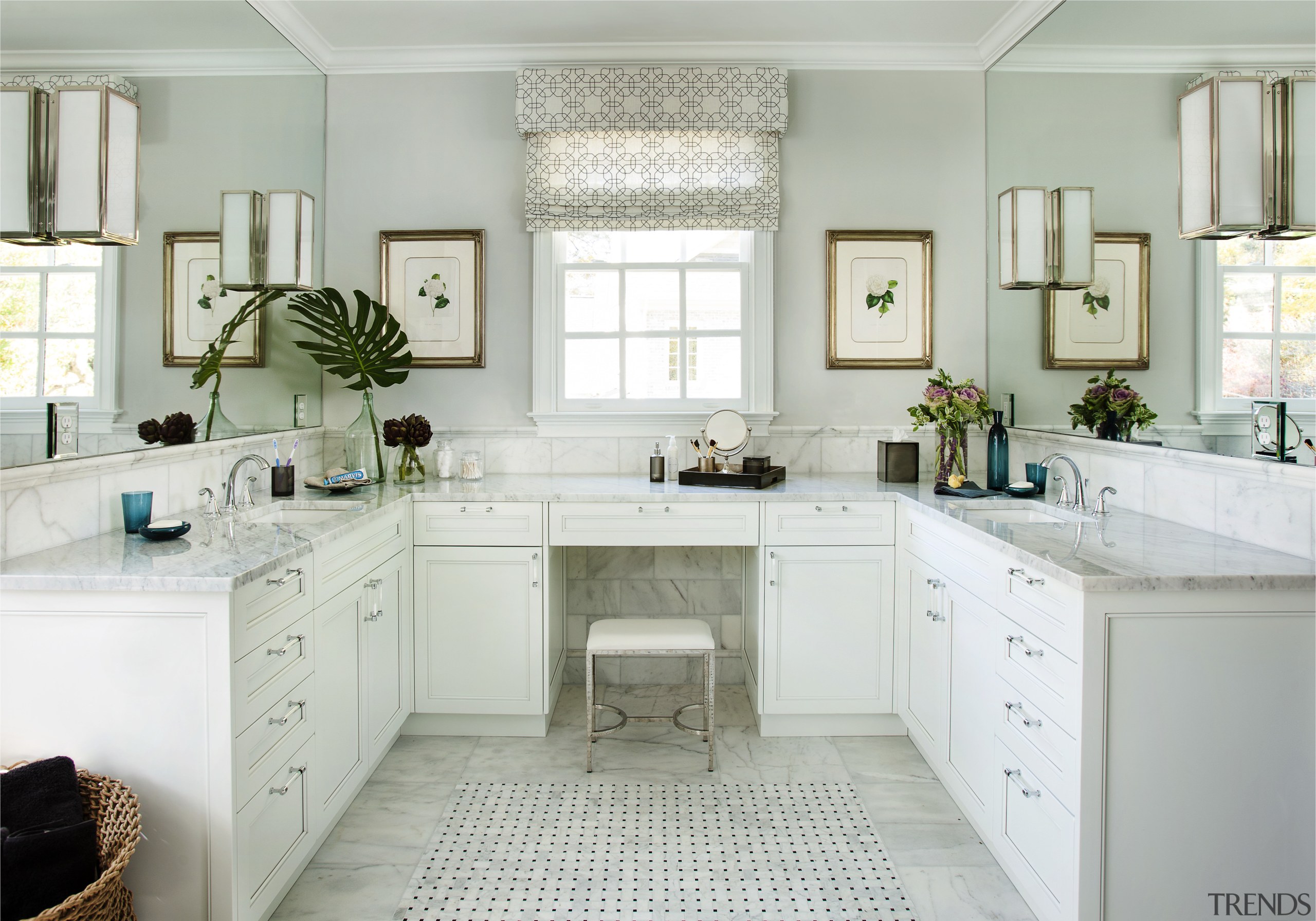 A soft color palette enhances the tranquil ambiance bathroom, bathroom accessory, bathroom cabinet, cabinetry, countertop, cuisine classique, home, interior design, kitchen, room, sink, window, gray