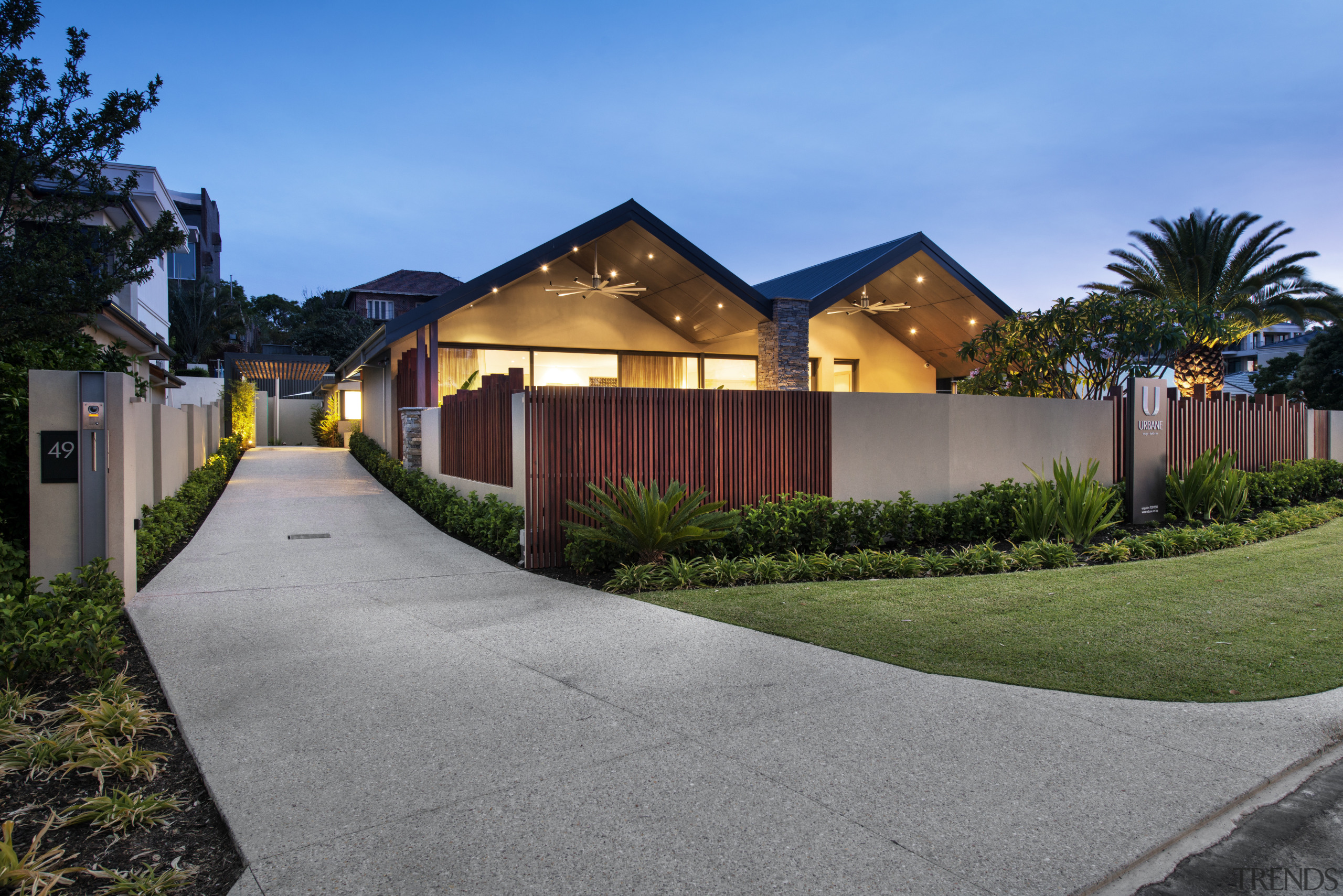 Contemporary home renovation with gabled roof forms architecture, cottage, estate, facade, home, house, landscape, neighbourhood, property, real estate, residential area, sky, suburb, villa, gray, teal