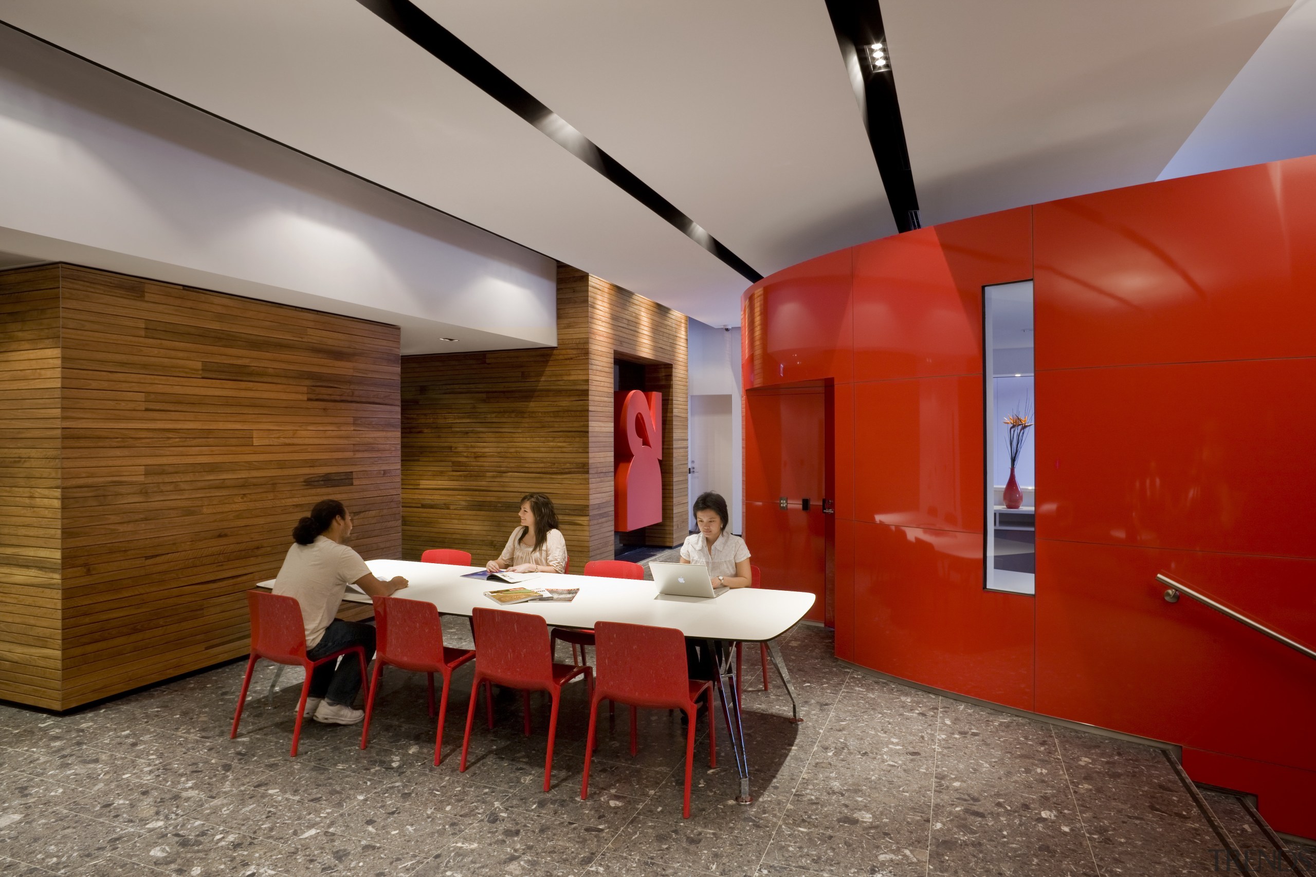 View of a student common area which features architecture, ceiling, house, interior design, lobby, table, brown, red, gray