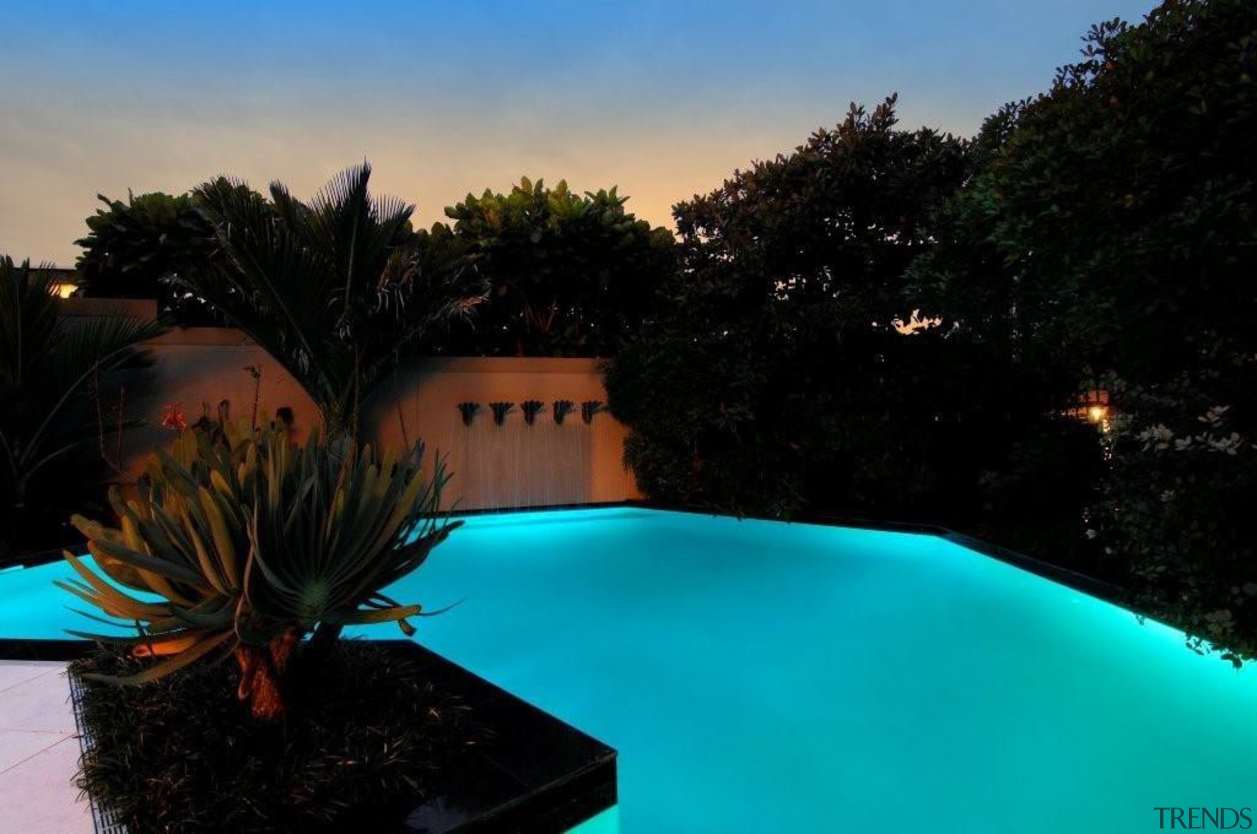 U shaped custom designed pool - Custom built evening, landscape, landscape lighting, leisure, light, lighting, nature, reflection, sky, sunlight, swimming pool, tree, vacation, water, black, teal