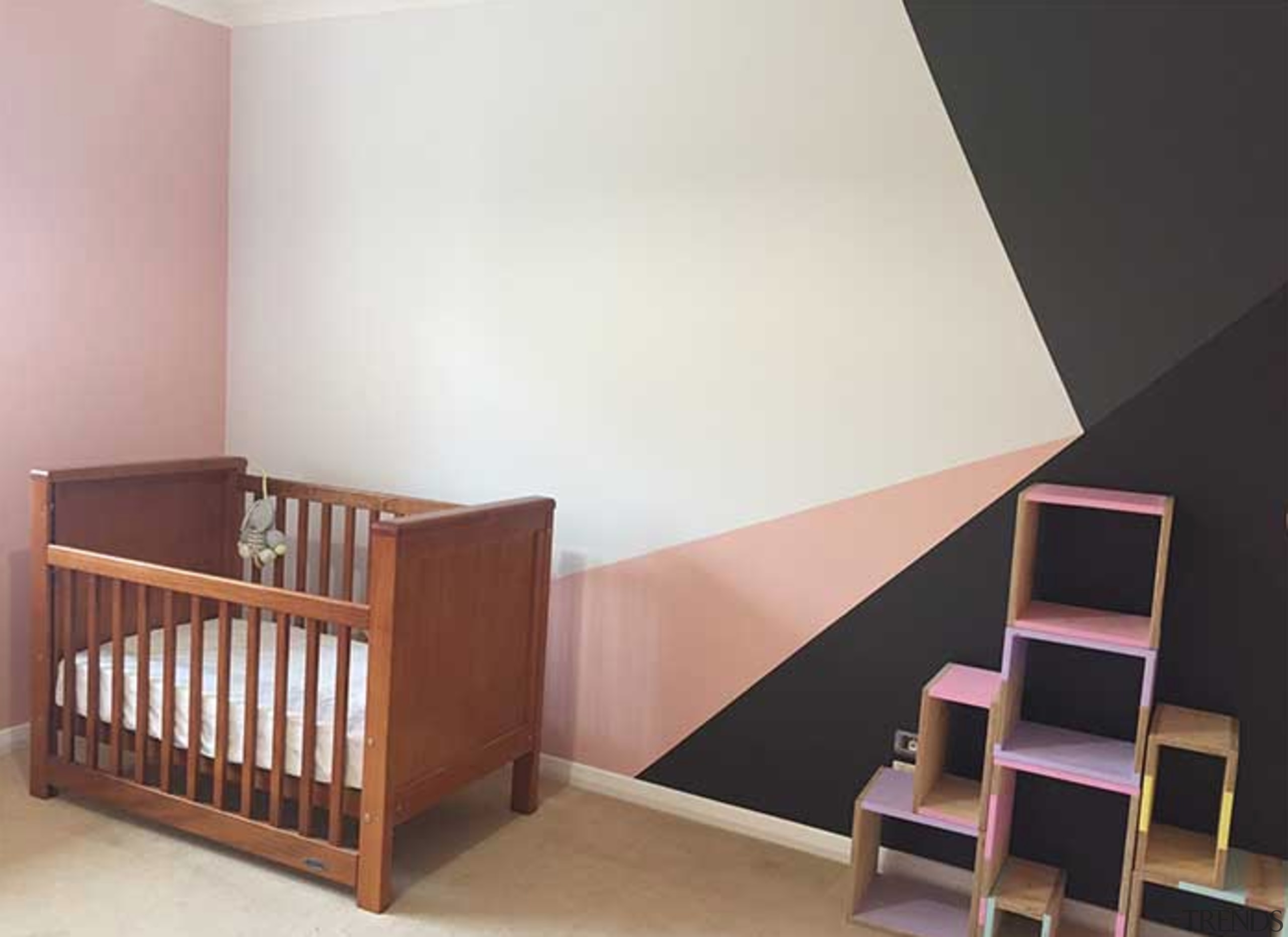 This bedroom colour blocks Resene paint to bed, furniture, infant bed, interior design, nursery, product, room, stairs, wall, gray