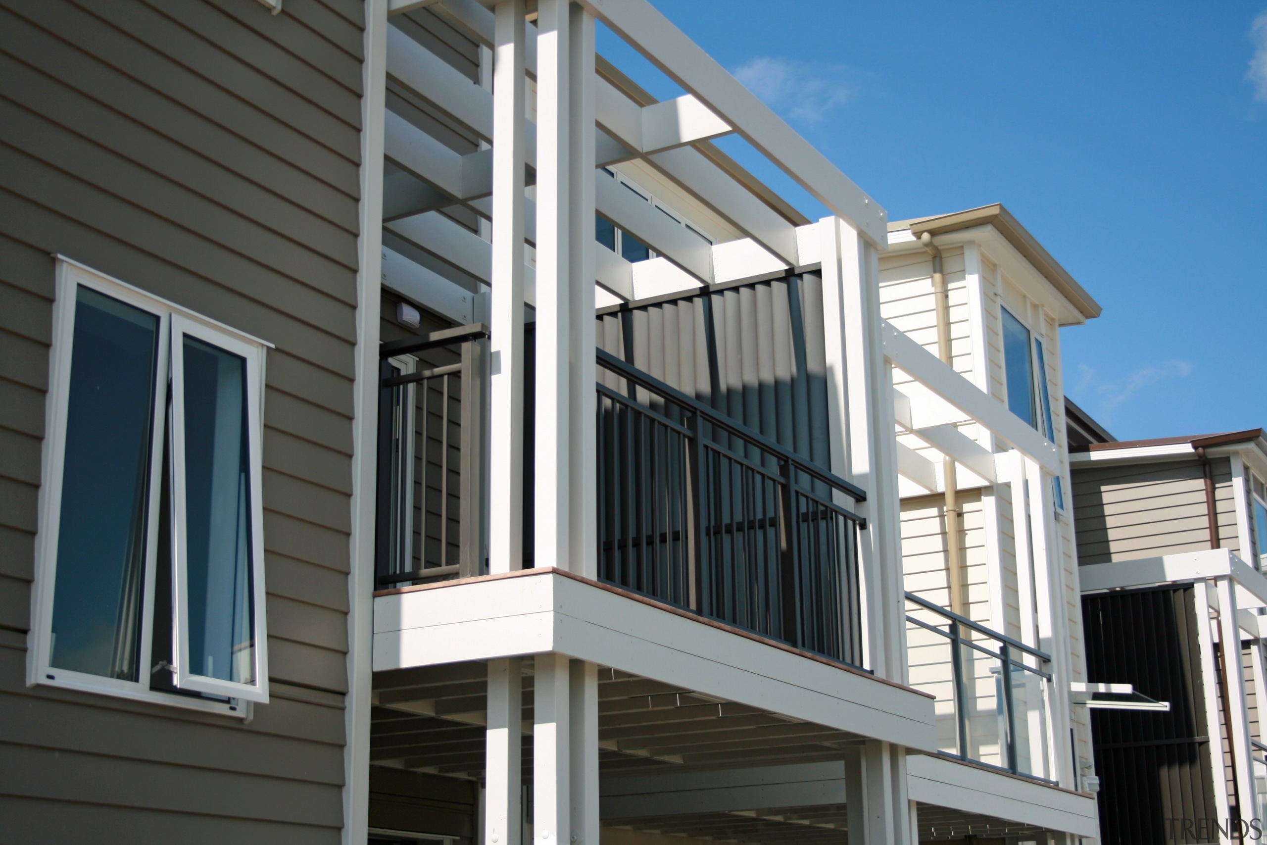 A mixture of Edge aluminium baluster and glass balcony, building, daylighting, deck, facade, handrail, house, outdoor structure, porch, siding, structure, window, black, gray