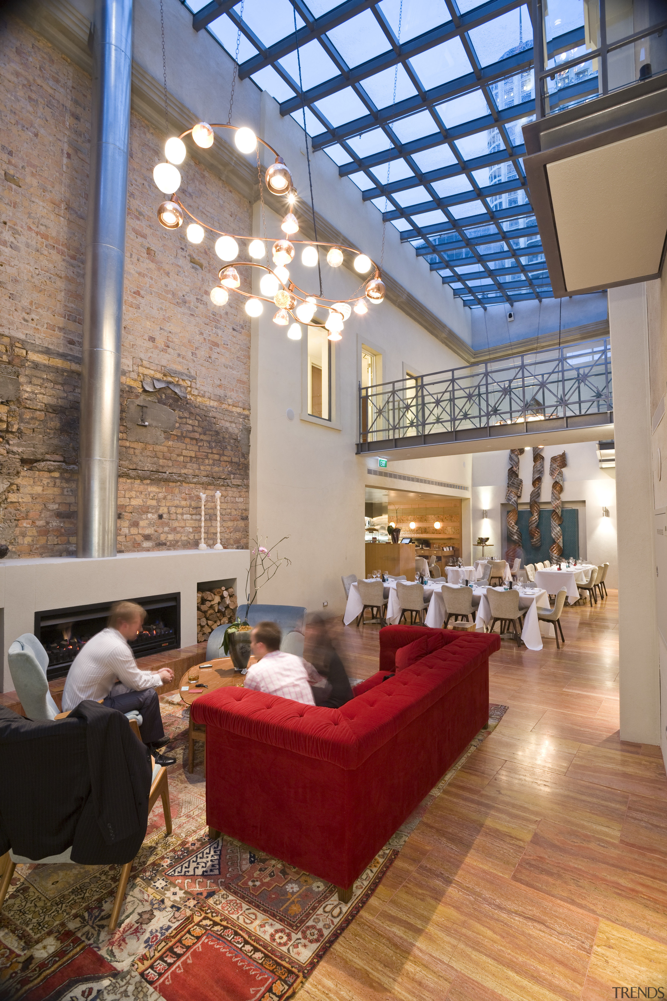 View of the atrium with pieces of red ceiling, interior design, living room, lobby, real estate