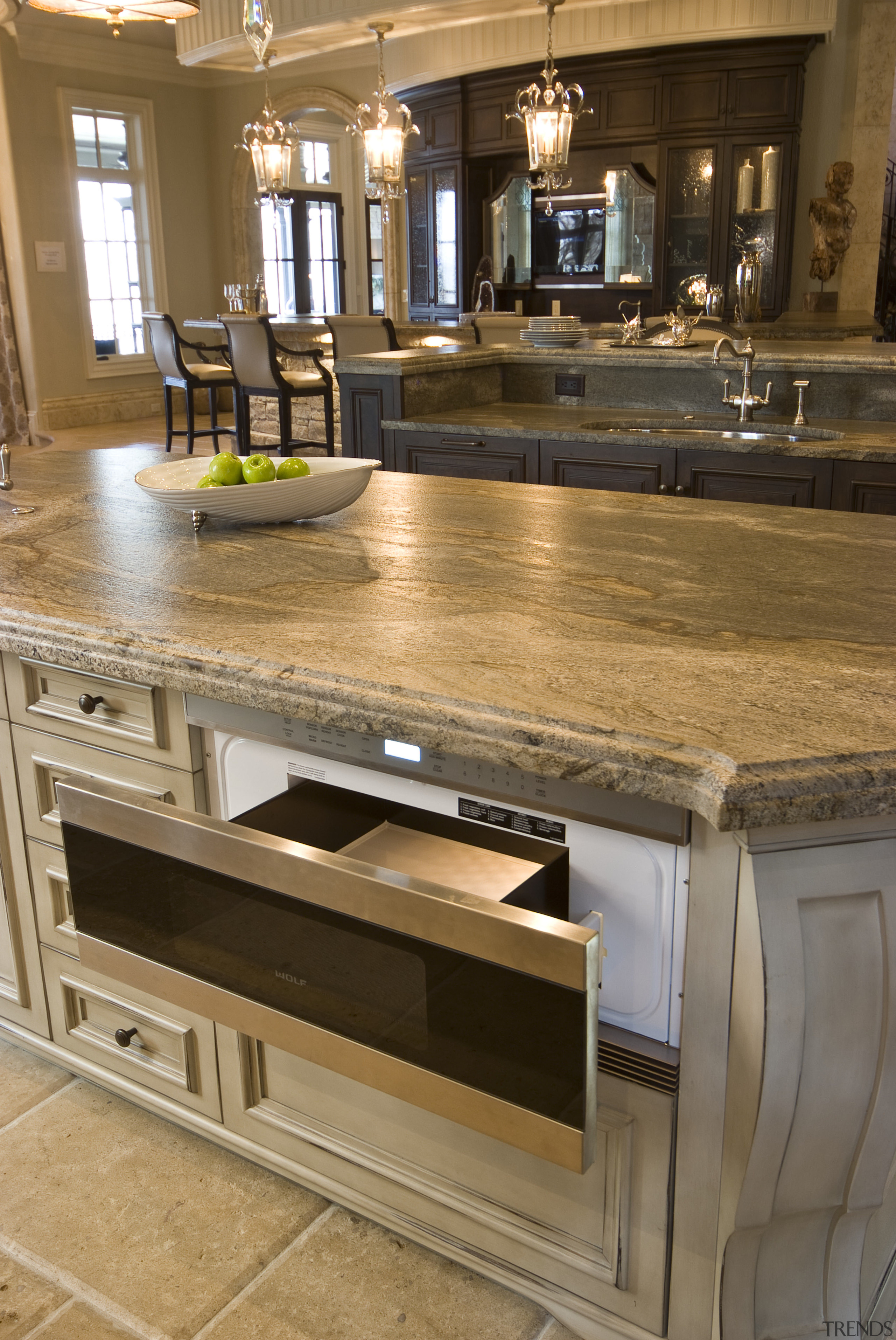 View of Wolf and Sub zero appliances - cabinetry, countertop, cuisine classique, floor, flooring, furniture, hardwood, interior design, kitchen, room, table, wood flooring, wood stain, brown