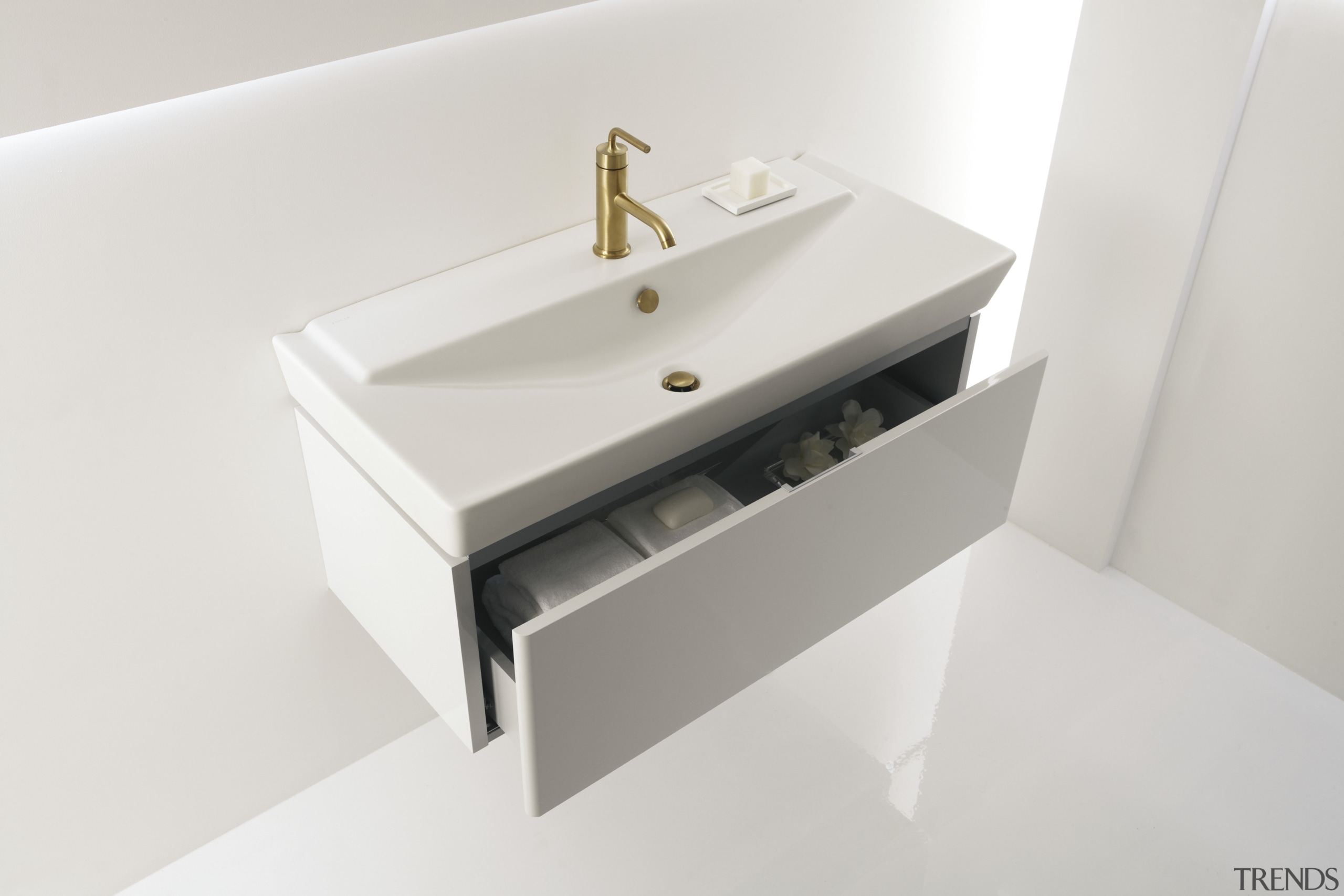 View of a cantilevered basin with faucetry and bathroom, bathroom accessory, bathroom cabinet, bathroom sink, ceramic, drawer, plumbing fixture, product design, sink, tap, white