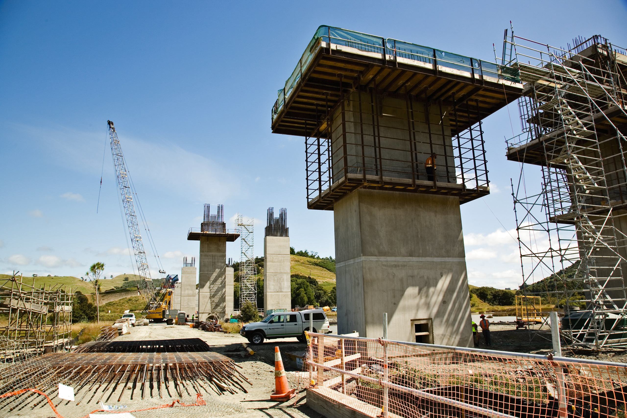 A view of the concrete piers and bridges bridge, building, construction, teal