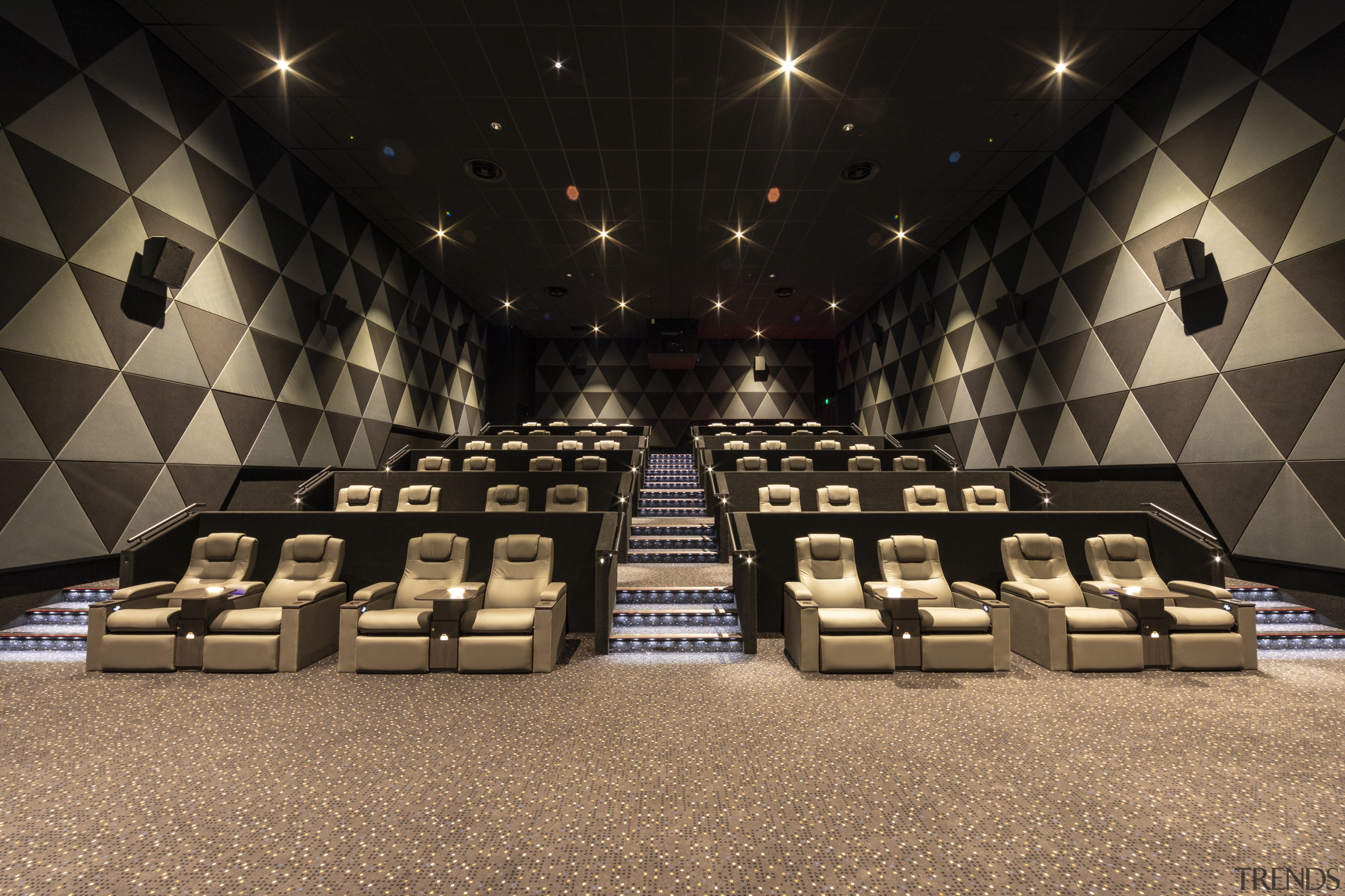 Phones off, lights down, popcorn open and the auditorium, flooring, function hall, interior design, black, brown