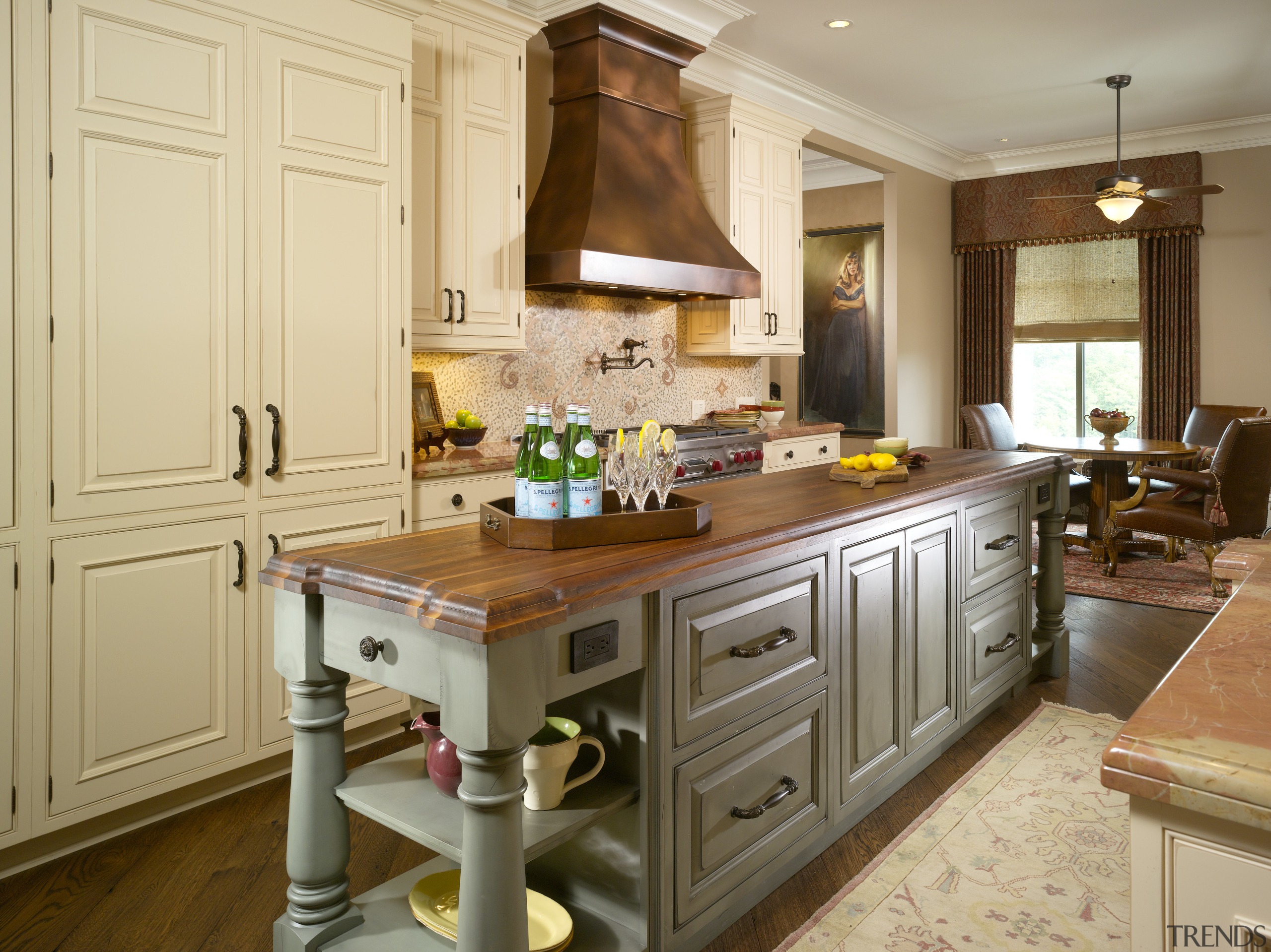 View of the refurbished kitchen featuring a more cabinetry, countertop, cuisine classique, interior design, kitchen, room, orange, brown