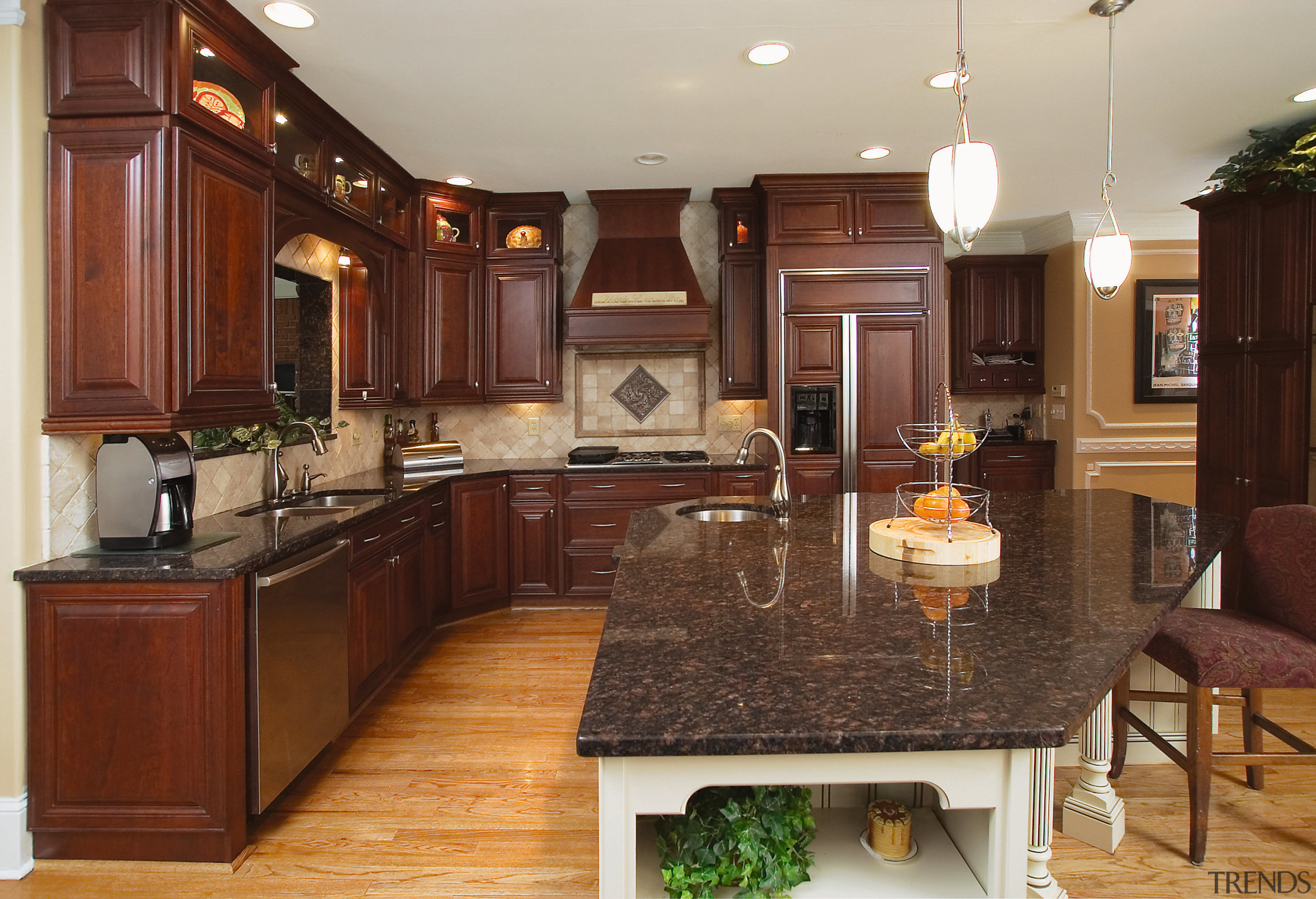 A view of this kitchen featuring custom cherry cabinetry, countertop, cuisine classique, interior design, kitchen, room, brown, red