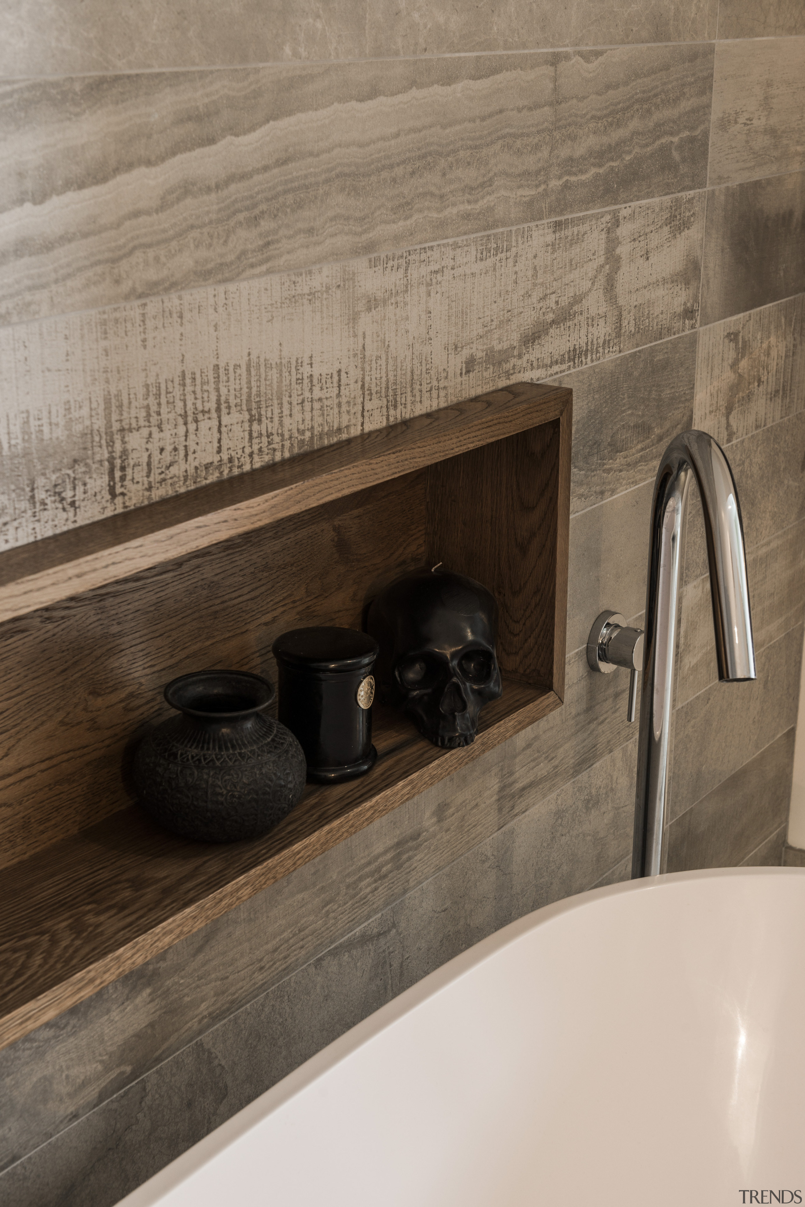 On this bathroom project by Divinia Sutton and bathroom, ceramic, floor, flooring, interior design, plumbing fixture, sink, tap, tile, wall, brown, gray