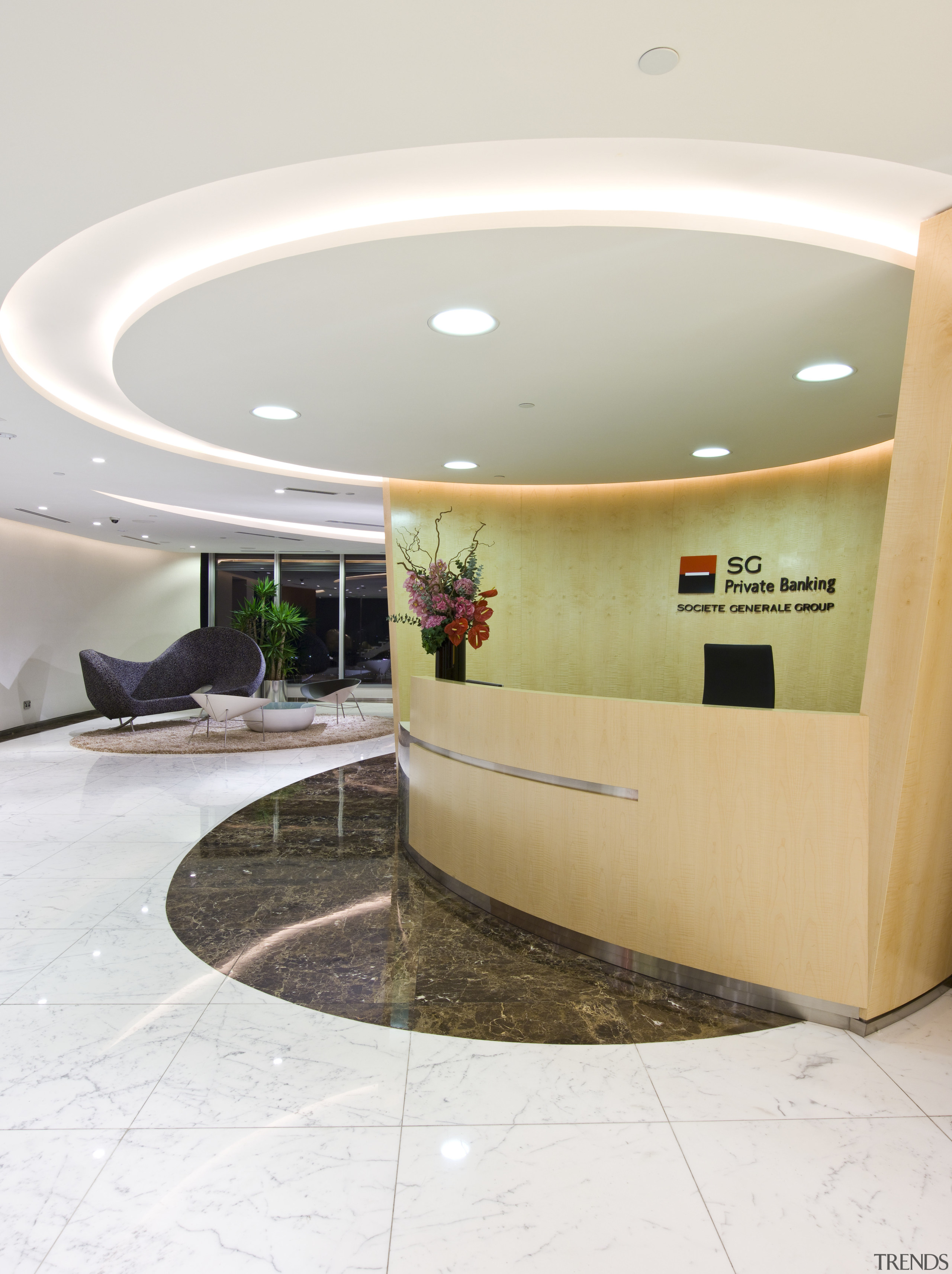 View of the reception area with tiled flooring, architecture, ceiling, floor, interior design, lobby, product design, table, white