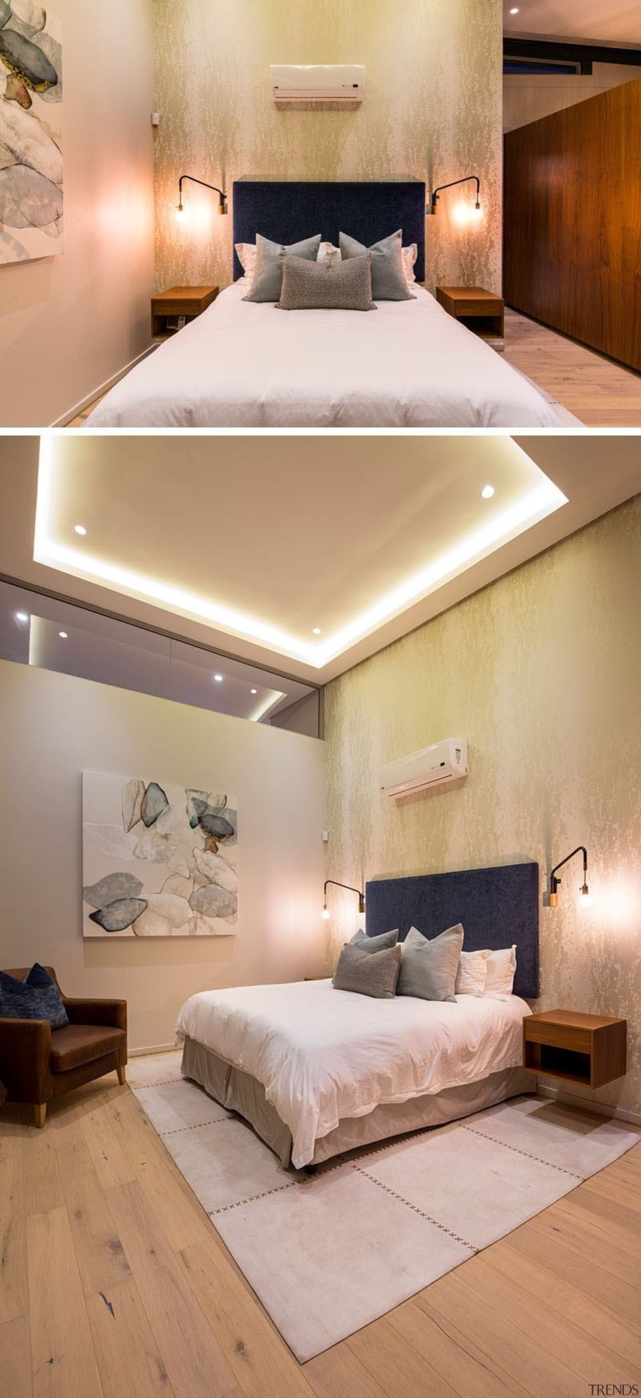 Architect: Union3Photography by Grant Pitcher bed, bed frame, bed sheet, bedroom, ceiling, daylighting, floor, flooring, furniture, home, interior design, lighting, mattress, room, suite, wall, wood, wood flooring, orange, gray