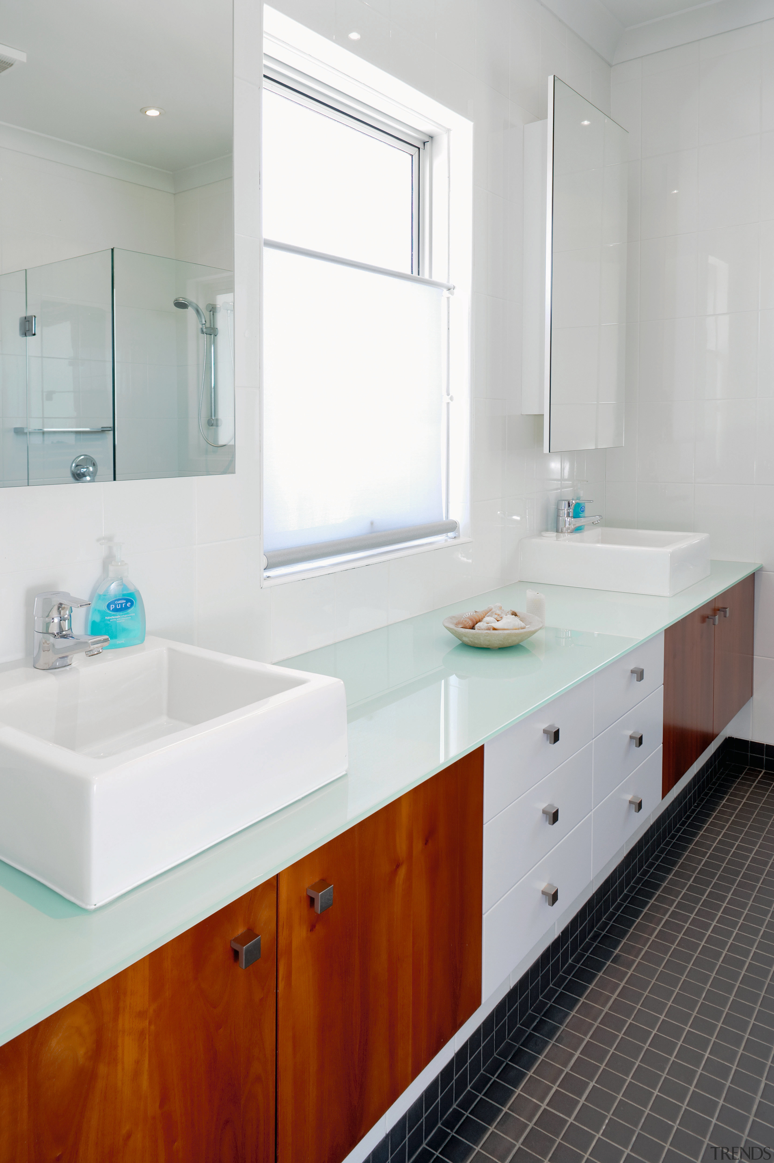 View of the bathroom of a family home bathroom, bathroom accessory, bathroom cabinet, countertop, interior design, room, sink, gray, white