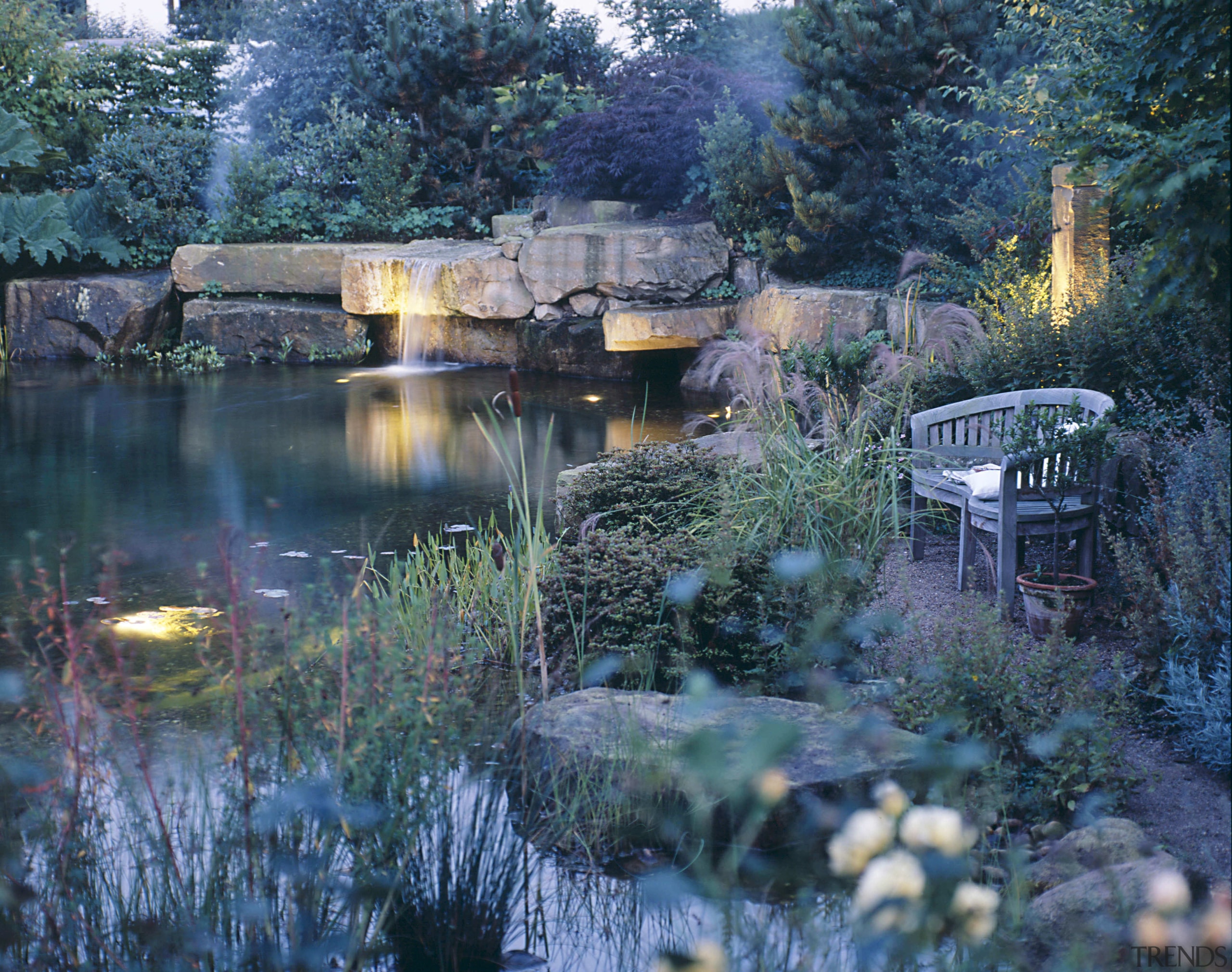 View of the pool area which has many bank, body of water, garden, landscape, leaf, lighting, nature, plant, pond, reflection, river, tree, water, watercourse, wetland, teal