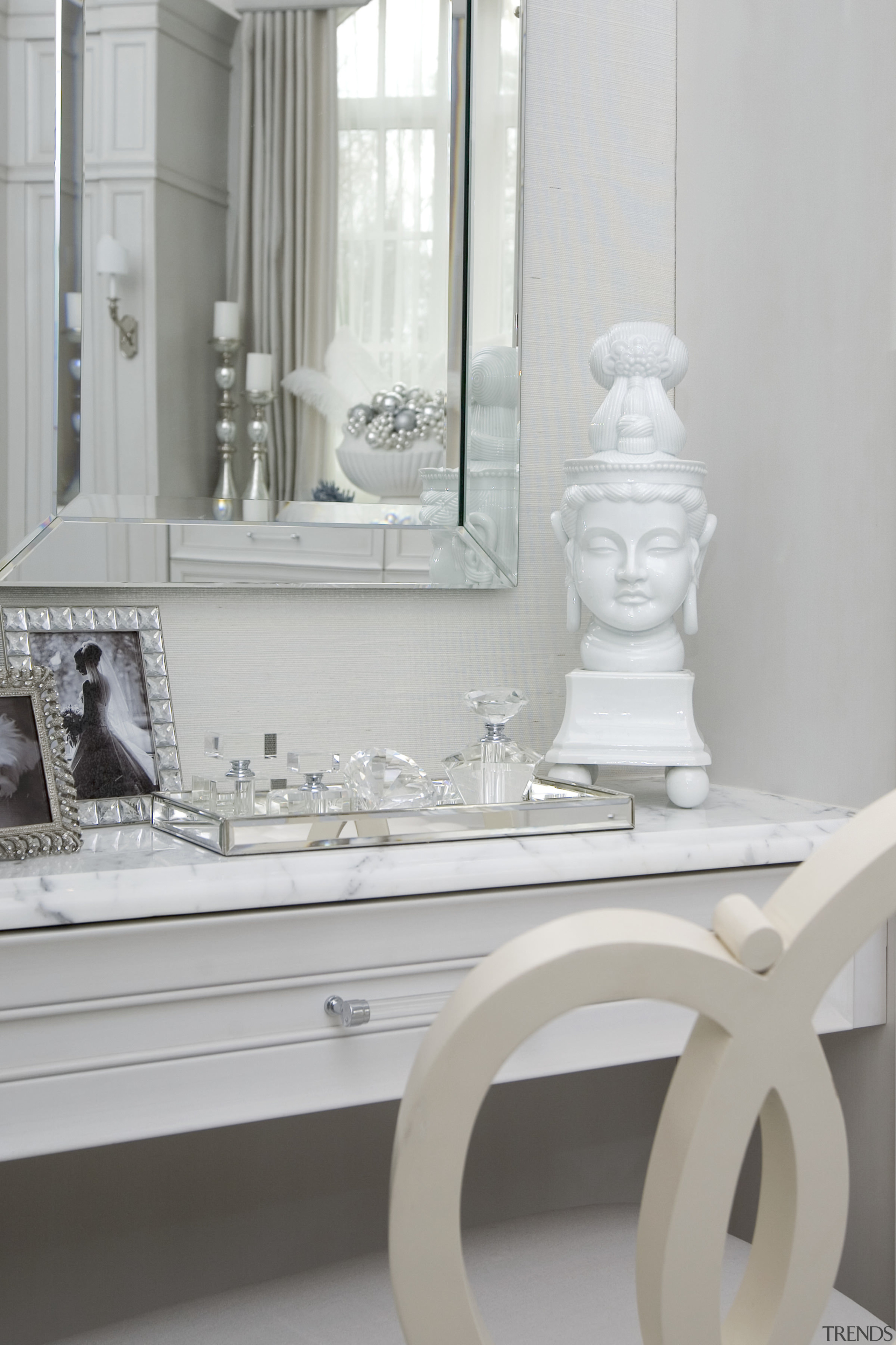 View of the dressing table which features a chest of drawers, coffee table, furniture, interior design, product design, shelf, table, gray