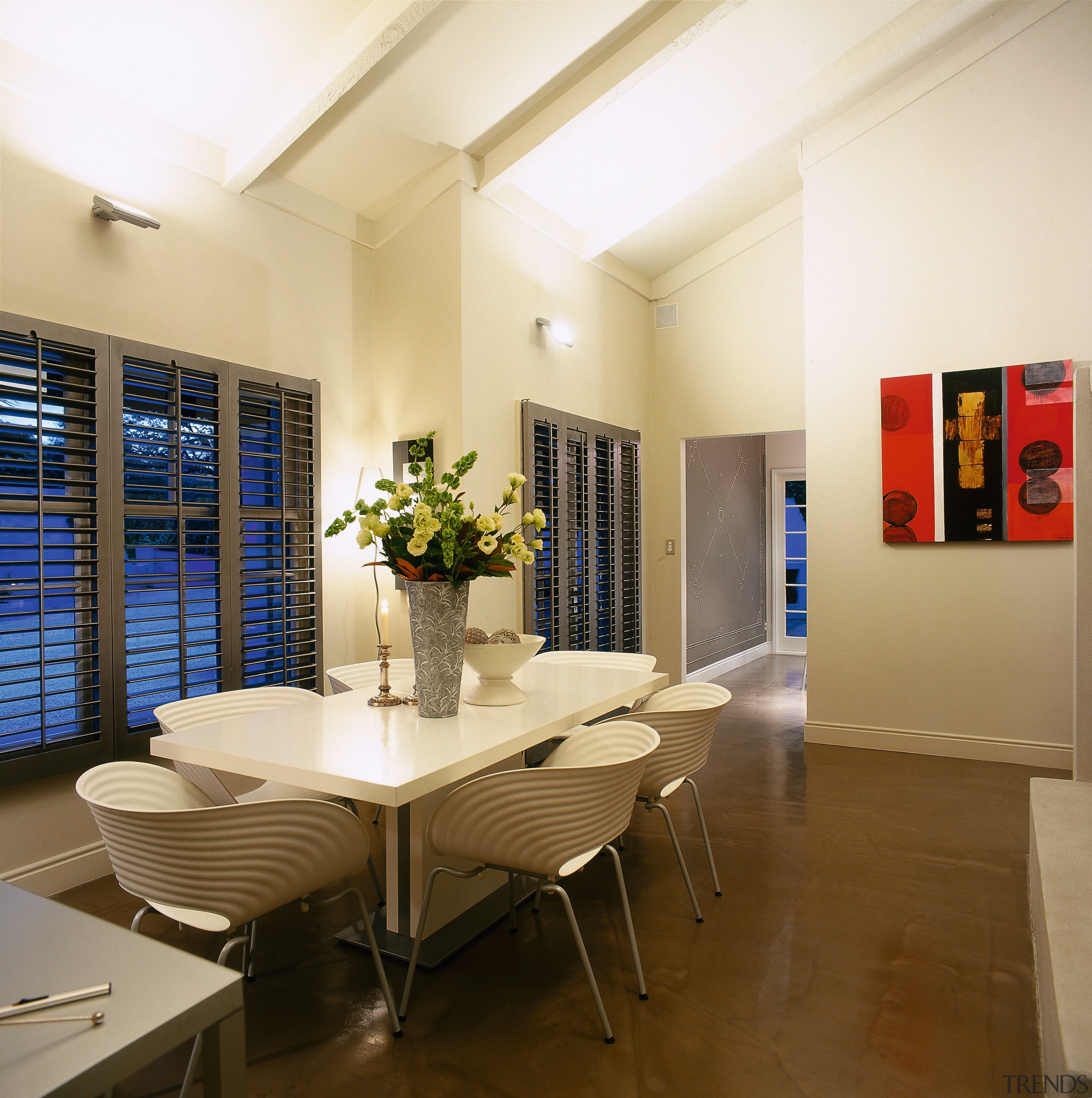 View of the dining area - View of ceiling, dining room, interior design, real estate, room, table, brown, white