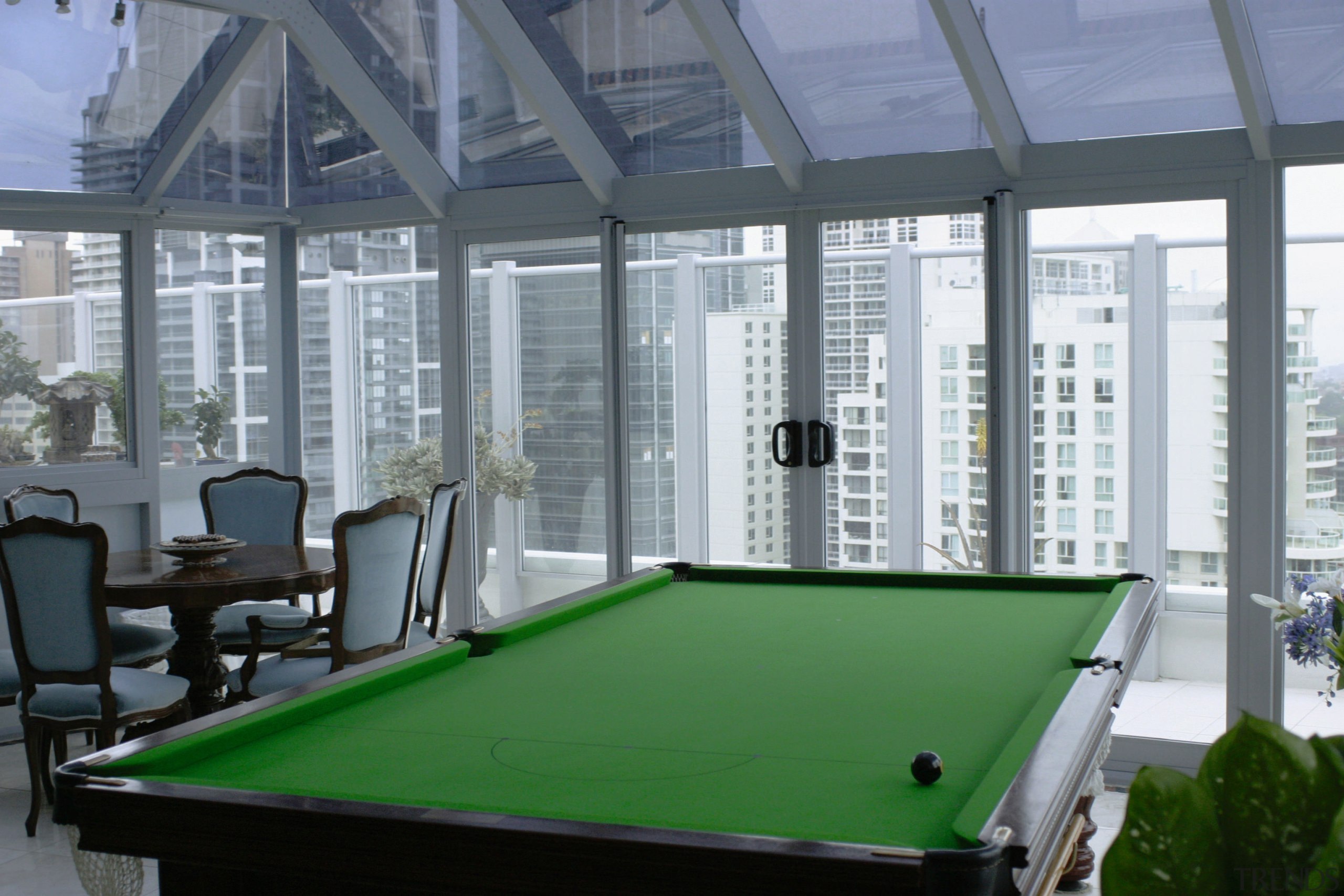 A view of a conservatory from the inside, billiard room, billiard table, cue sports, daylighting, games, indoor games and sports, pool, recreation room, roof, snooker, table, gray