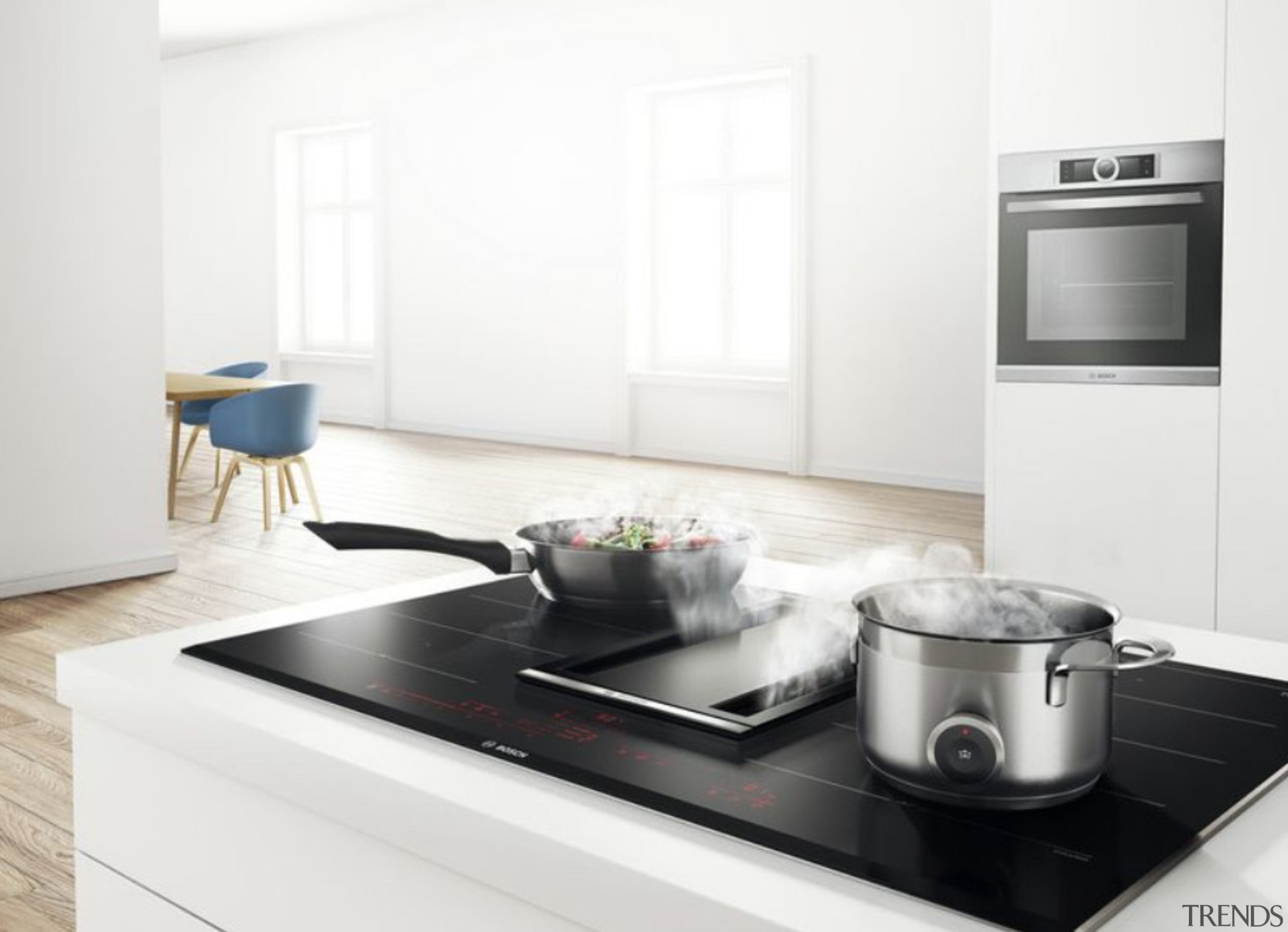 Bosch induction cooktops: less waiting, lower power consumption countertop, furniture, home appliance, interior design, kitchen, kitchen appliance, kitchen stove, major appliance, small appliance, table, tap, white