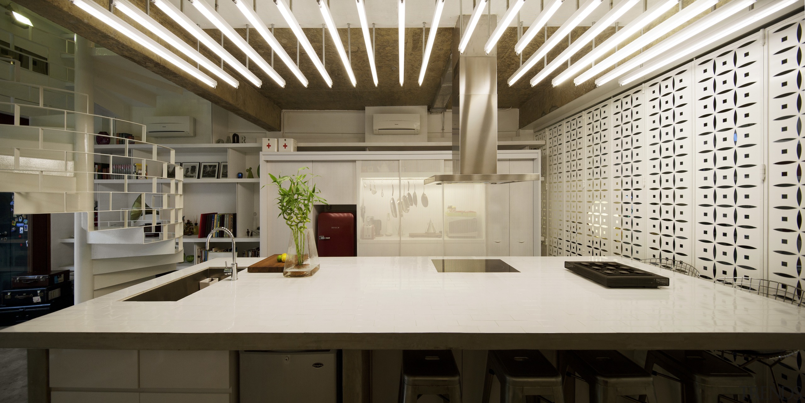 This kitchen stands at the centre of a ceiling, countertop, interior design, kitchen, white, brown